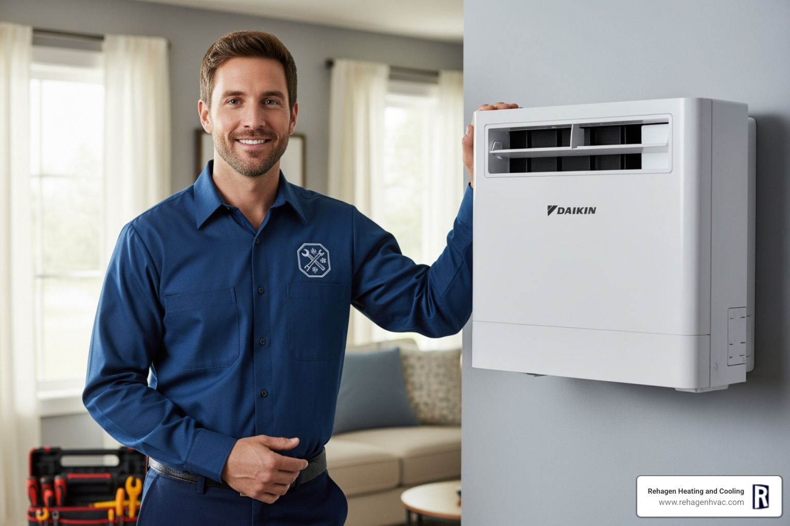 Rehagen Heating & Cooling logo with "Daikin Comfort Pro" badge - daikin mini split repair jefferson city Rehagen Heating & Cooling logo with "Daikin Comfort Pro" badge - daikin mini split repair jefferson city