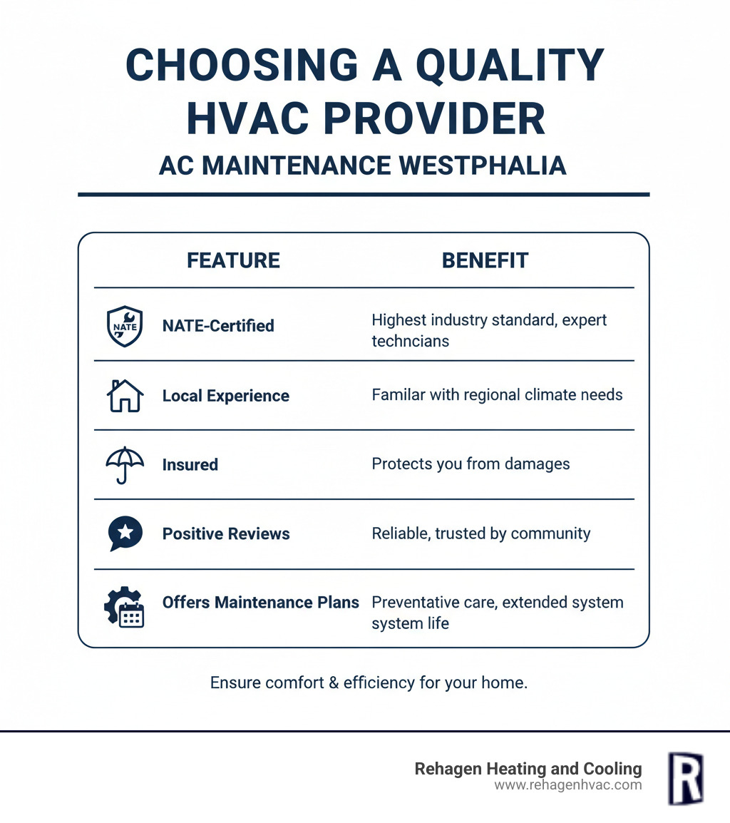 infographic with a table comparing features of a quality HVAC provider: NATE-Certified, Local Experience, Insured, Positive Reviews, Offers Maintenance Plans - ac maintenance westphalia infographic infographic with a table comparing features of a quality HVAC provider: NATE-Certified, Local Experience, Insured, Positive Reviews, Offers Maintenance Plans - ac maintenance westphalia infographic