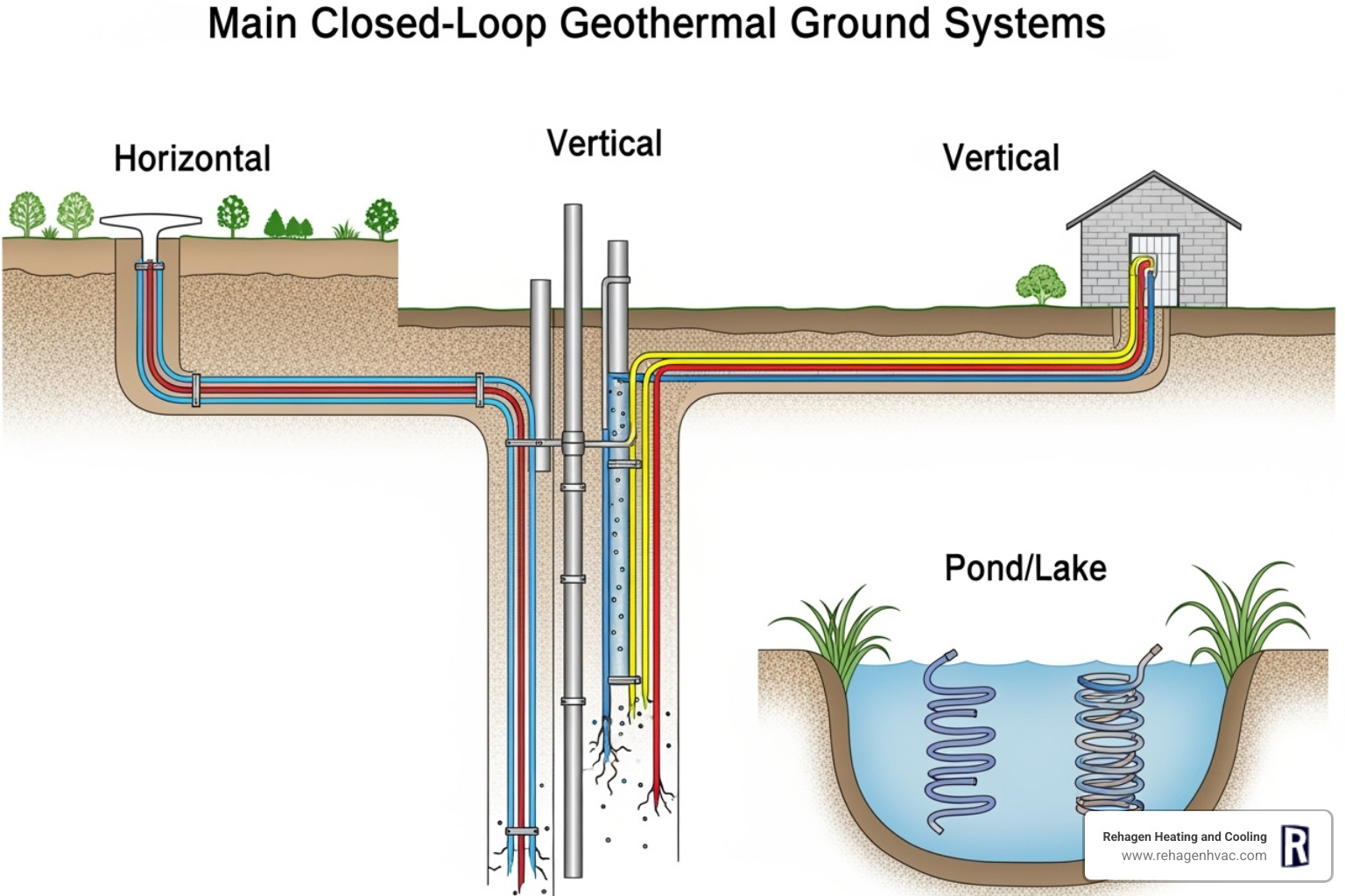 diagram showing vertical, horizontal, and pond/lake closed-loop systems - geothermal cooling service ashland