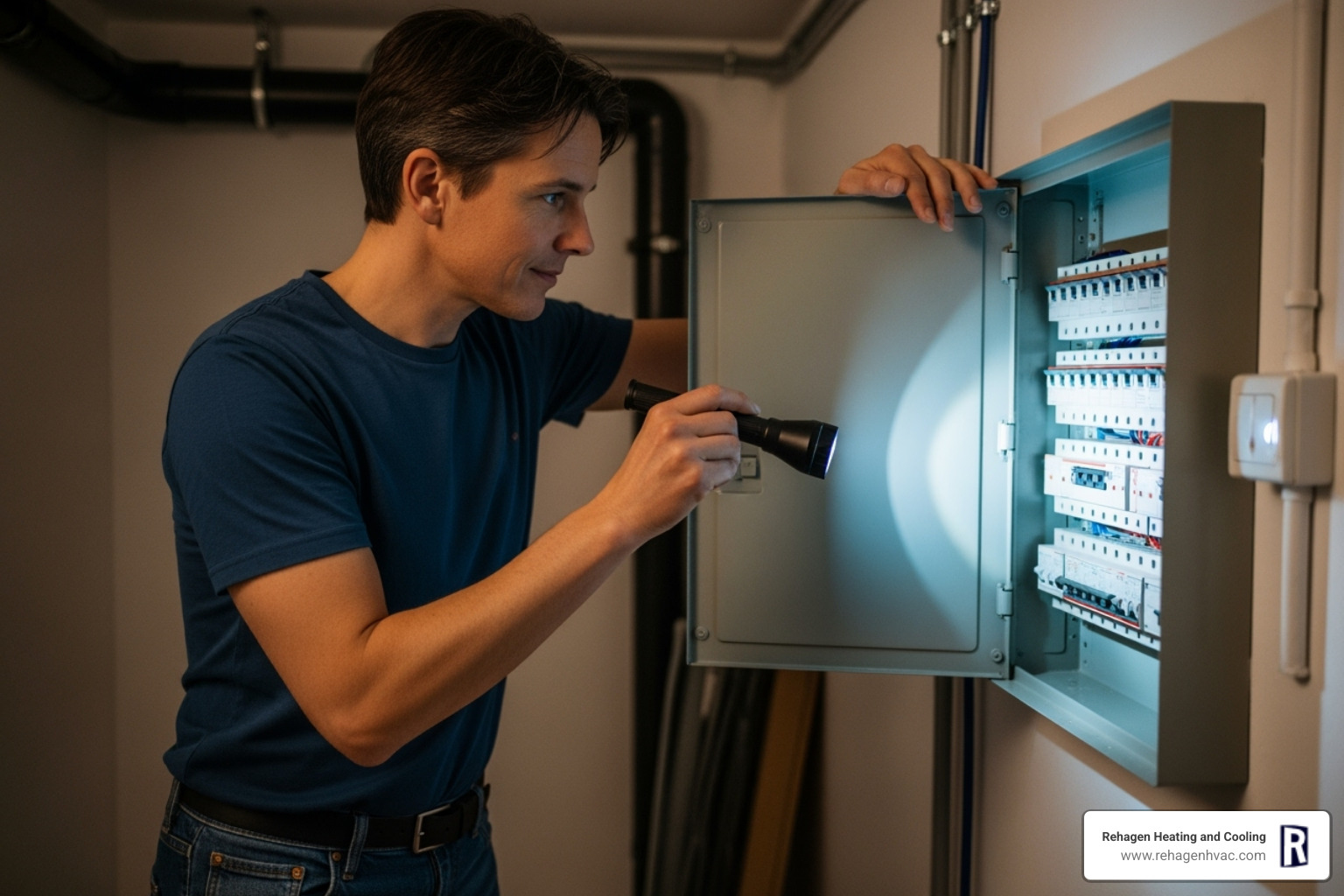 Homeowner safely checking a circuit breaker panel during an HVAC emergency - emergency hvac westphalia