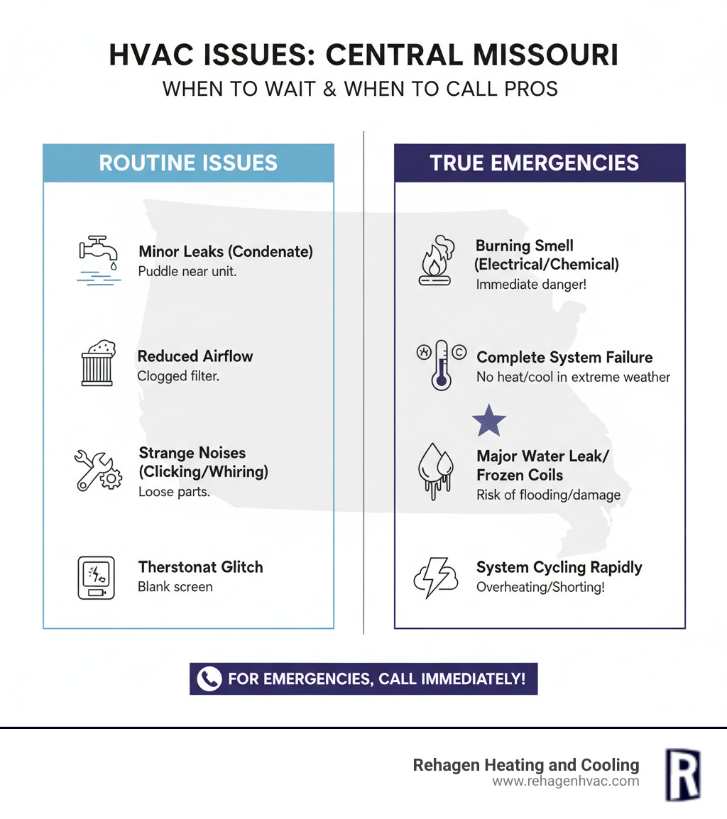 Infographic showing the difference between routine HVAC issues that can wait and true emergencies requiring immediate professional attention, including visual indicators like warning signs, safety hazards, and system failure symptoms specific to Central Missouri weather conditions - emergency hvac westphalia infographic 