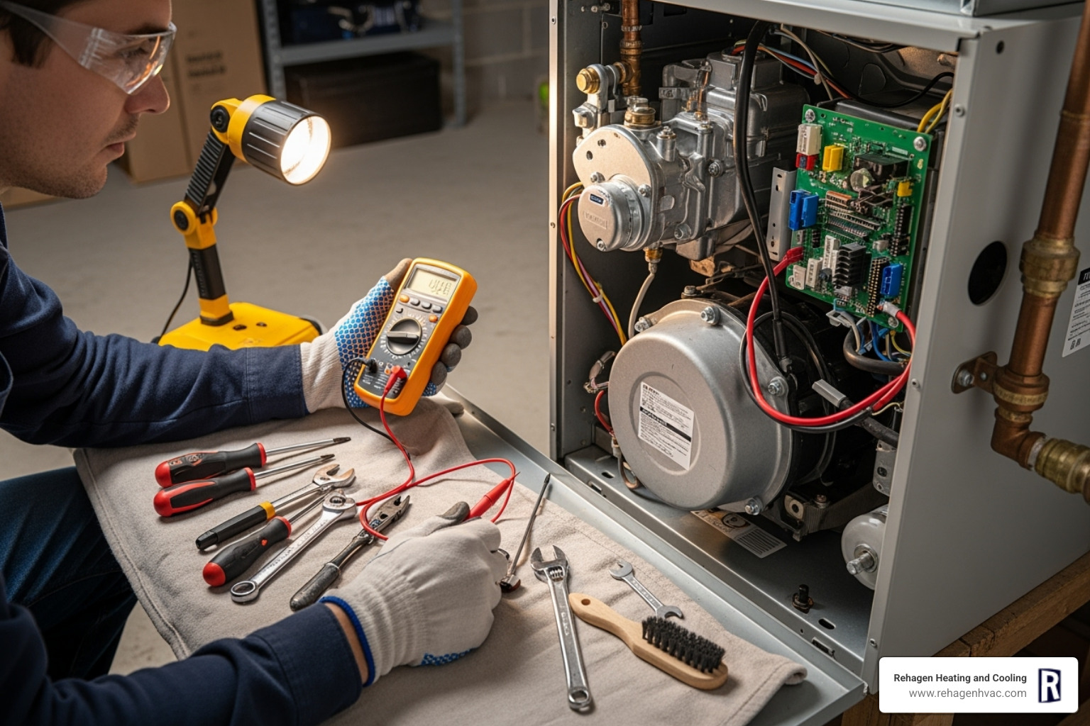 An HVAC technician inspecting the internal components of a furnace, highlighting a detailed and professional repair process - furnace repair jefferson city An HVAC technician inspecting the internal components of a furnace, highlighting a detailed and professional repair process - furnace repair jefferson city