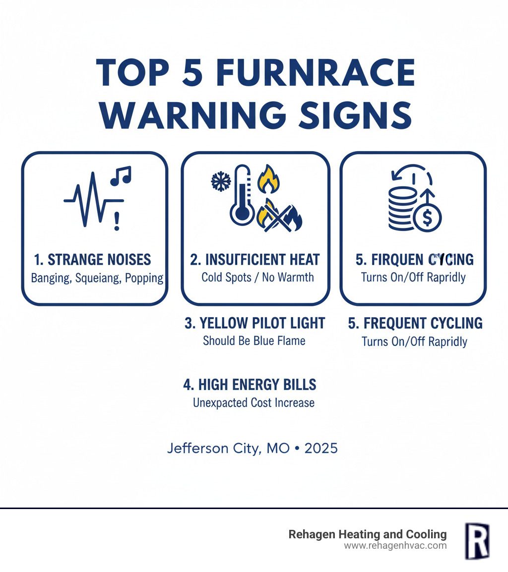 Infographic showing the top 5 furnace warning signs: strange noises like banging or squealing, insufficient heat or cold spots, yellow pilot light instead of blue, unusually high energy bills, and frequent on-off cycling, with icons and brief explanations for each warning sign - furnace repair jefferson city infographic Infographic showing the top 5 furnace warning signs: strange noises like banging or squealing, insufficient heat or cold spots, yellow pilot light instead of blue, unusually high energy bills, and frequent on-off cycling, with icons and brief explanations for each warning sign - furnace repair jefferson city infographic