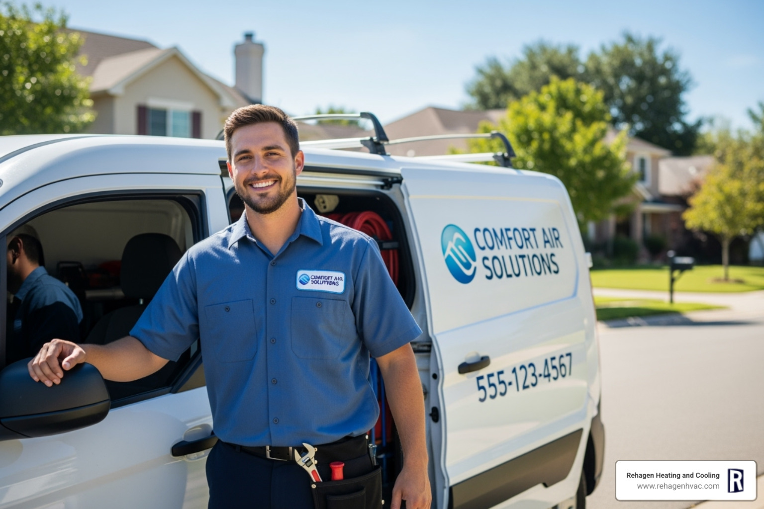 A friendly HVAC technician smiling next to a branded service van in a residential neighborhood of Jefferson City - furnace repair jefferson city A friendly HVAC technician smiling next to a branded service van in a residential neighborhood of Jefferson City - furnace repair jefferson city