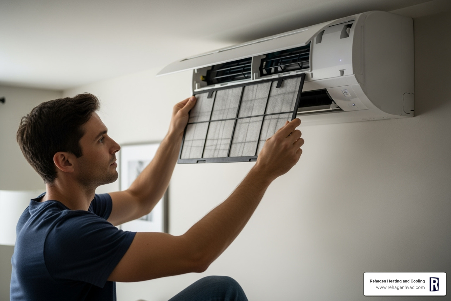 homeowner easily removing a mini-split filter for cleaning - mini split maintenance jefferson city