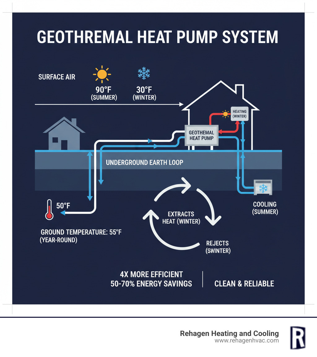 Detailed infographic showing how geothermal heat pumps work with underground loop system, heat pump unit, and home distribution system, including temperature differences between surface air and stable ground temperature - geothermal energy systems columbia infographic 