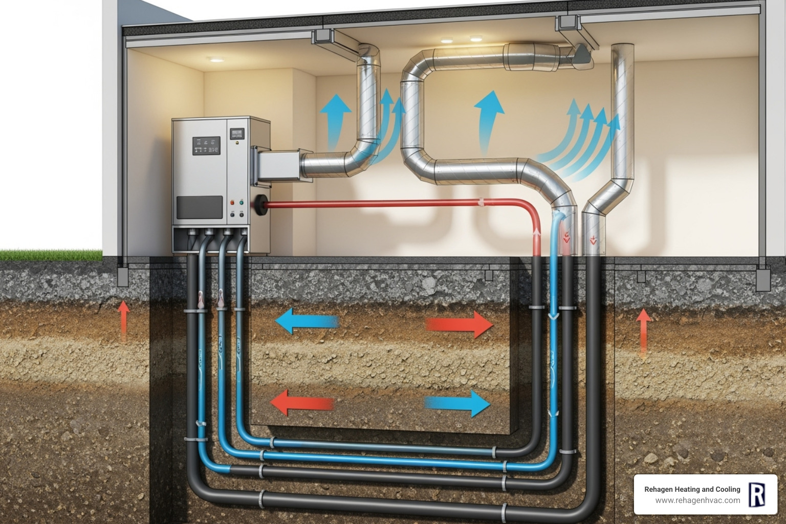Image showing the three main parts of a geoexchange system: the ground loop, the heat pump unit, and the ductwork/distribution system. - geothermal energy systems columbia