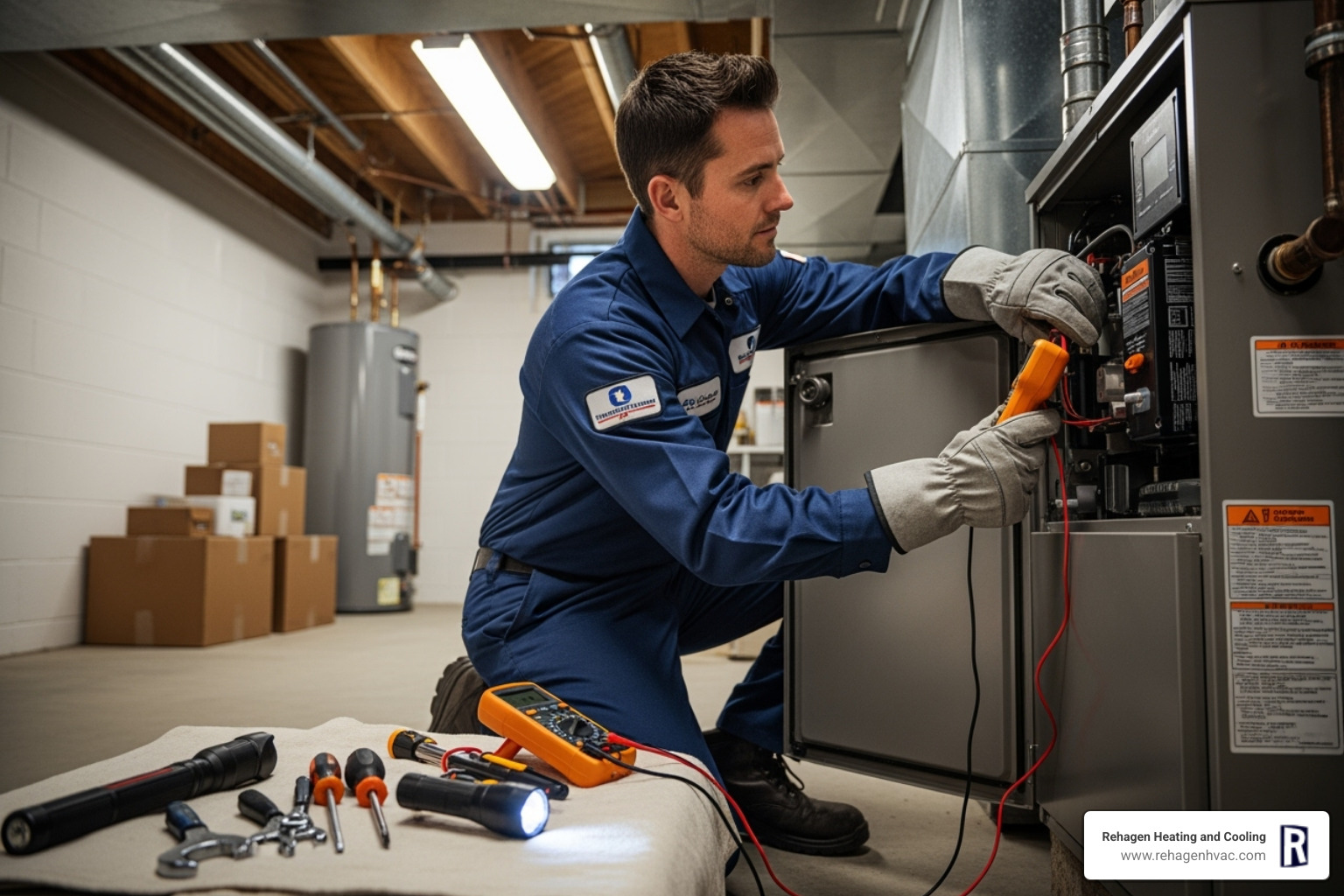 of a professional technician in uniform working on a furnace - emergency heating service jefferson city