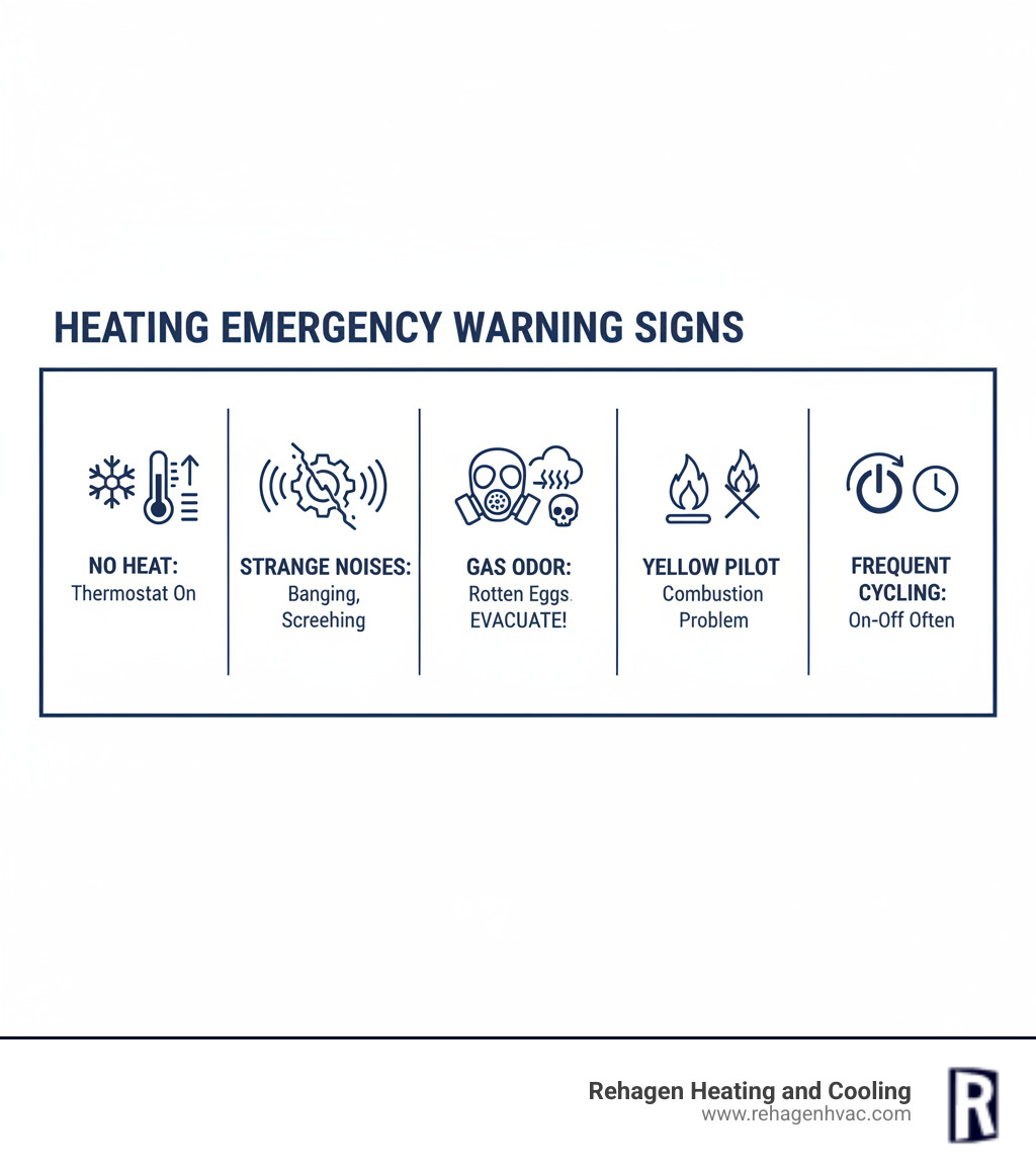 Infographic showing the top warning signs of heating emergencies: no heat production with thermostat calling for heat, strange mechanical noises like banging or screeching, gas odors or rotten egg smell requiring immediate evacuation, yellow pilot light instead of blue indicating combustion problems, and frequent on-off cycling that strains the system - emergency heating service jefferson city infographic 