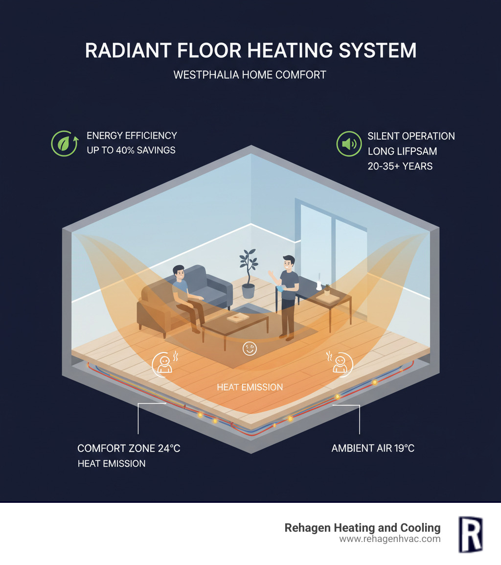 Infographic showing radiant floor heating system with heating elements beneath flooring radiating warmth upward through a cross-section of a room, illustrating heat rising to warm furniture and people, with temperature zones and energy efficiency indicators - radiant floor heating contractors westphalia infographic 