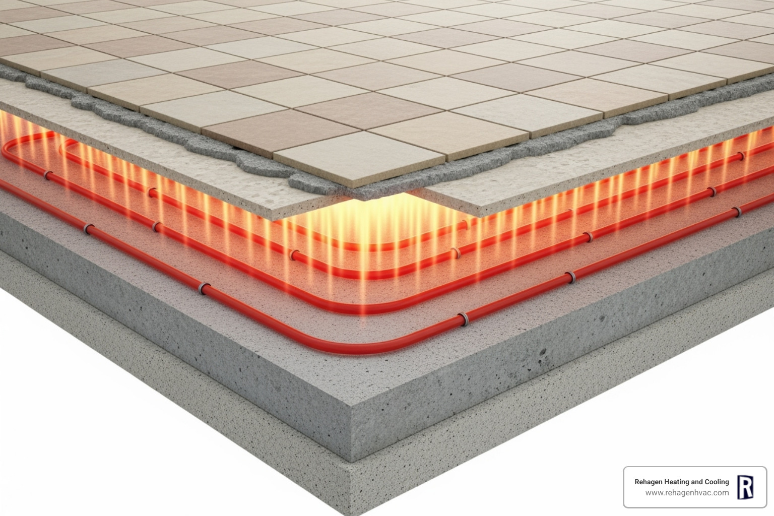 Cross-section showing radiant heating tubes installed under a tile floor, illustrating heat distribution - radiant floor heating contractors westphalia