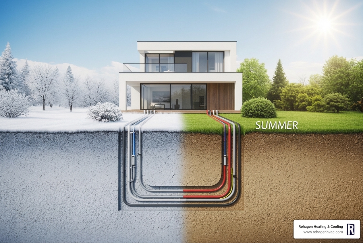 Infographic showing the seasonal cycle of earth-to-water heat exchange: in winter, heat flows from the stable 50-degree ground through underground pipes into the home via a heat pump; in summer, the cycle reverses with heat flowing from the home back into the cooler earth, with arrows indicating direction of heat transfer and temperature labels at each stage - earth to water heat exchanger