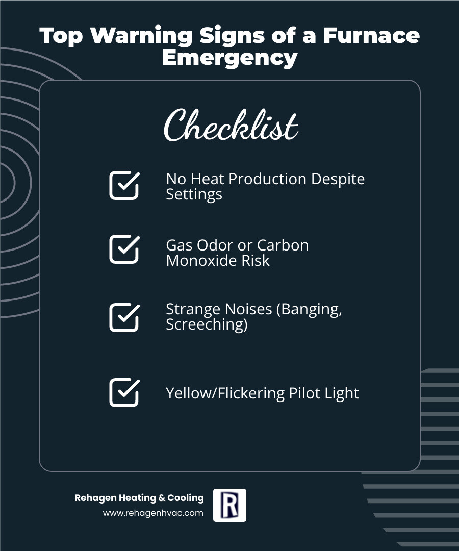 Infographic showing the top 5 warning signs of a furnace emergency: 1) No heat production despite thermostat settings, 2) Strange noises like banging or screeching, 3) Gas odor or rotten egg smell requiring immediate evacuation, 4) Furnace cycling on and off repeatedly (short-cycling), 5) Yellow or flickering pilot light instead of steady blue flame, with icons for each warning sign and emergency contact information - emergency furnace repair in jefferson city, mo infographic checklist-dark-blue