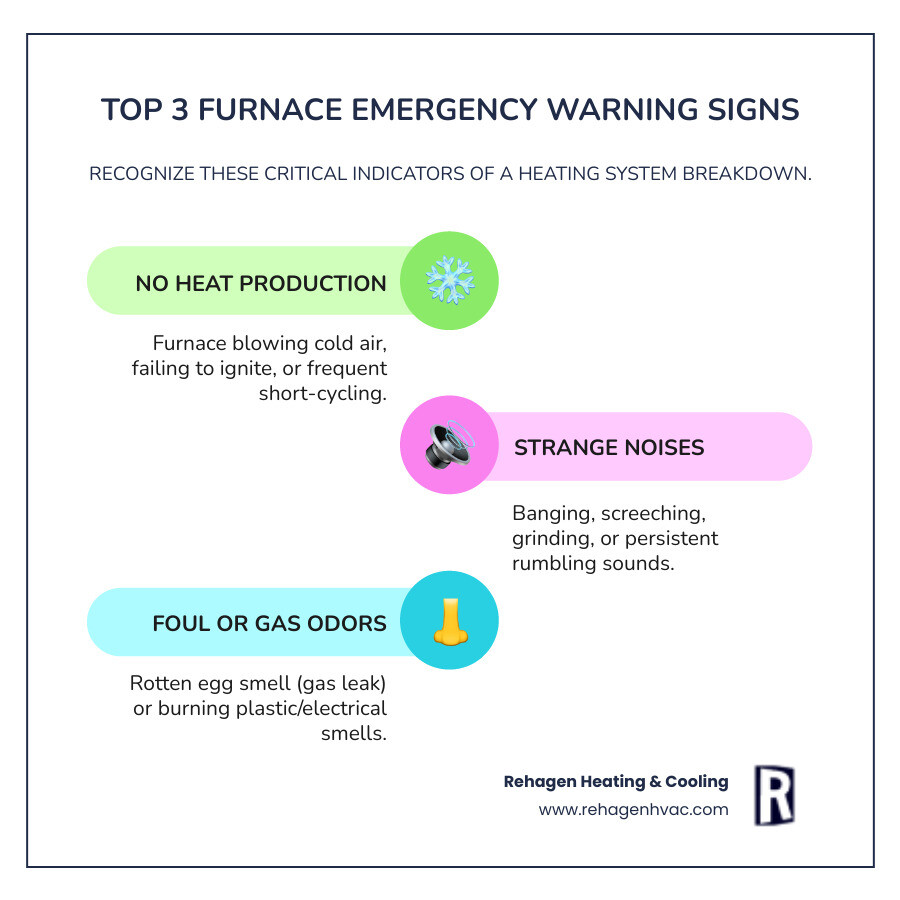 infographic showing three urgent furnace warning signs with icons: no heat production with a crossed-out flame symbol, strange mechanical noises with sound waves, and foul or gas odors with a nose icon, each with brief descriptions of what homeowners should do - emergency furnace maintenance in jefferson city, mo infographic infographic-line-3-steps-colors