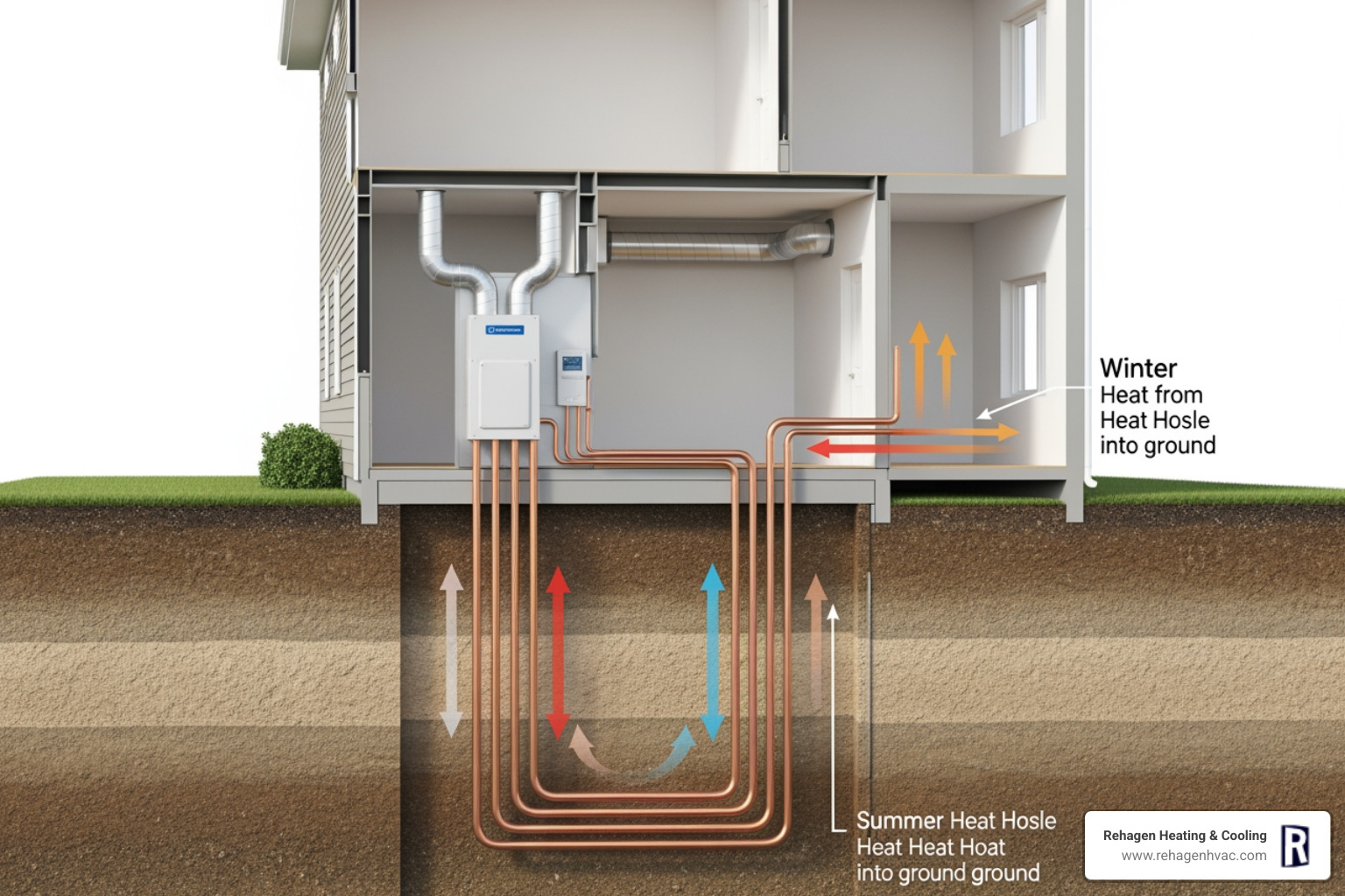 INFOGRAPHIC explaining how geothermal energy uses the stable temperature of the earth for heating and cooling. - direct exchange geothermal heat pump