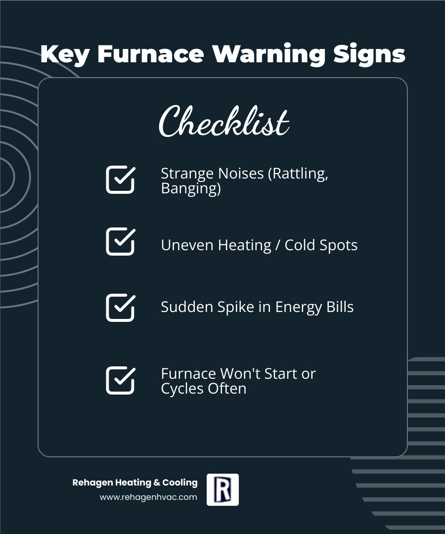 Infographic showing 7 warning signs your furnace needs repair: strange rattling or banging noises, cold spots or uneven heating in rooms, sudden spike in monthly energy bills, furnace cycling on and off repeatedly, unusual burning or musty odors, yellow pilot light flame instead of blue, and furnace failing to start or stay running - best furnace repair in jefferson city, mo infographic checklist-dark-blue