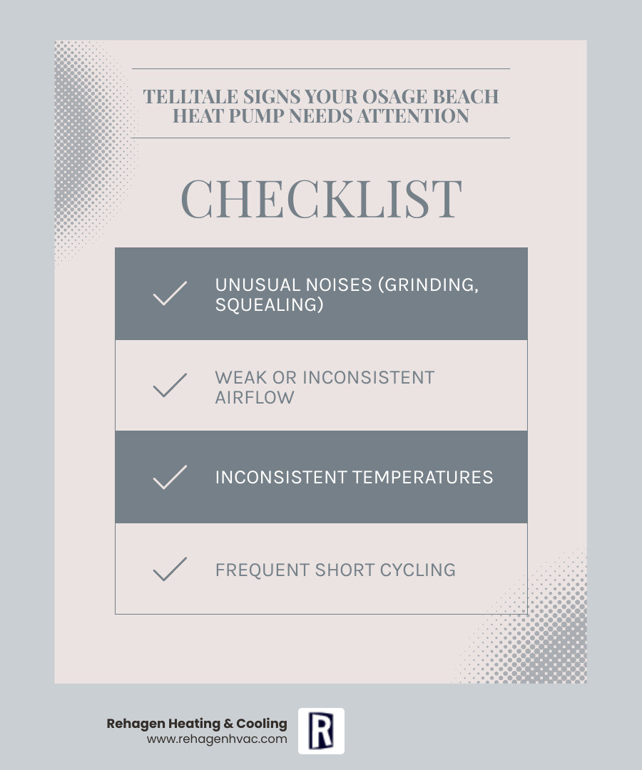 Infographic showing the top 5 signs your heat pump needs repair in Osage Beach, MO: 1) Unusual grinding or squealing noises from the unit, 2) Weak or inconsistent airflow from vents, 3) Temperature not matching thermostat settings, 4) Frequent cycling on and off, 5) Visible ice buildup on outdoor coils. Also includes a simple diagram showing when to repair versus replace based on unit age and repair frequency. - affordable heat pump repair in osage beach, mo infographic checklist-light-blue-grey