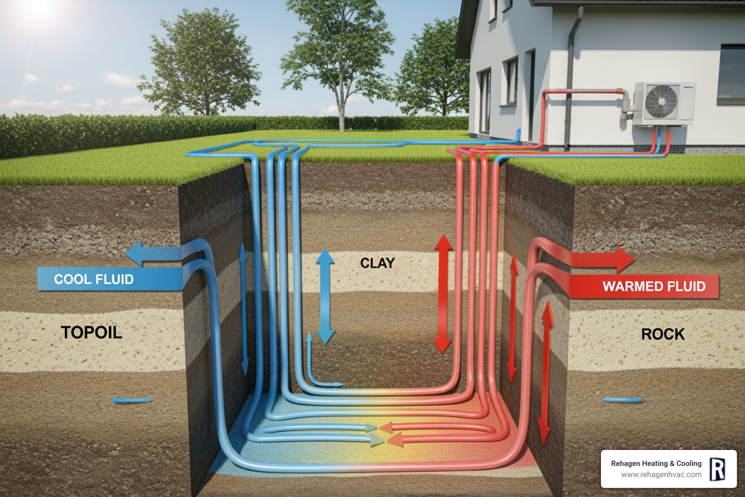 infographic showing the geothermal heat exchange cycle with underground loop pipes, heat pump unit, and arrows indicating heat transfer from ground to home in winter and from home to ground in summer, with labels for constant 50-55°F earth temperature versus variable outdoor air temperatures - ground source heat exchange infographic showing the geothermal heat exchange cycle with underground loop pipes, heat pump unit, and arrows indicating heat transfer from ground to home in winter and from home to ground in summer, with labels for constant 50-55°F earth temperature versus variable outdoor air temperatures - ground source heat exchange
