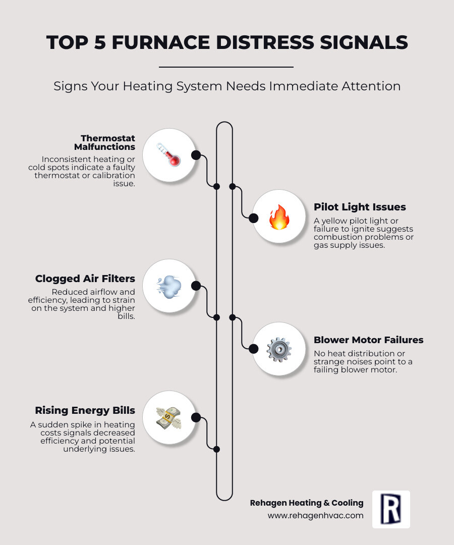 Infographic showing the most common furnace problems in Jefferson City homes: thermostat malfunctions causing inconsistent heating, pilot light issues preventing ignition, clogged air filters reducing airflow and efficiency, blower motor failures stopping heat distribution, and rising energy bills signaling decreased system performance - affordable furnace repair in jefferson city, mo infographic infographic-line-5-steps-elegant_beige Infographic showing the most common furnace problems in Jefferson City homes: thermostat malfunctions causing inconsistent heating, pilot light issues preventing ignition, clogged air filters reducing airflow and efficiency, blower motor failures stopping heat distribution, and rising energy bills signaling decreased system performance - affordable furnace repair in jefferson city, mo infographic infographic-line-5-steps-elegant_beige