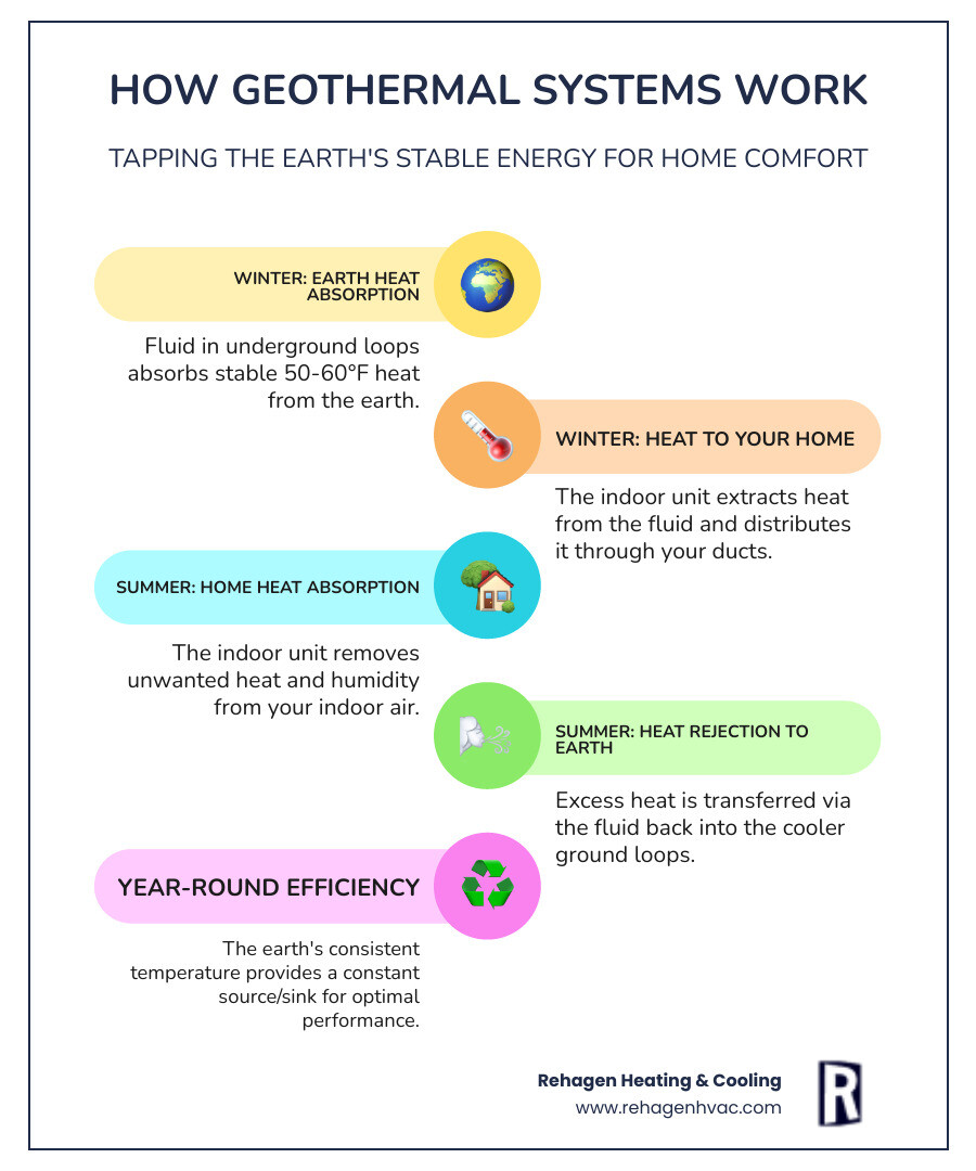 infographic showing how a WaterFurnace geothermal system exchanges heat with the earth through underground loops in winter heating mode and summer cooling mode, with arrows indicating heat transfer direction and consistent underground temperature of 50-60 degrees year-round - affordable water furnace in westphalia, mo infographic infographic-line-5-steps-colors