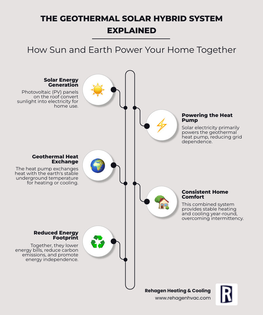 infographic showing a cross-section of a home with solar panels on the roof, underground geothermal loops beneath the property, a geothermal heat pump inside, and arrows indicating how solar electricity powers the heat pump while the ground loop provides heating and cooling - geothermal solar hybrid system infographic infographic-line-5-steps-elegant_beige