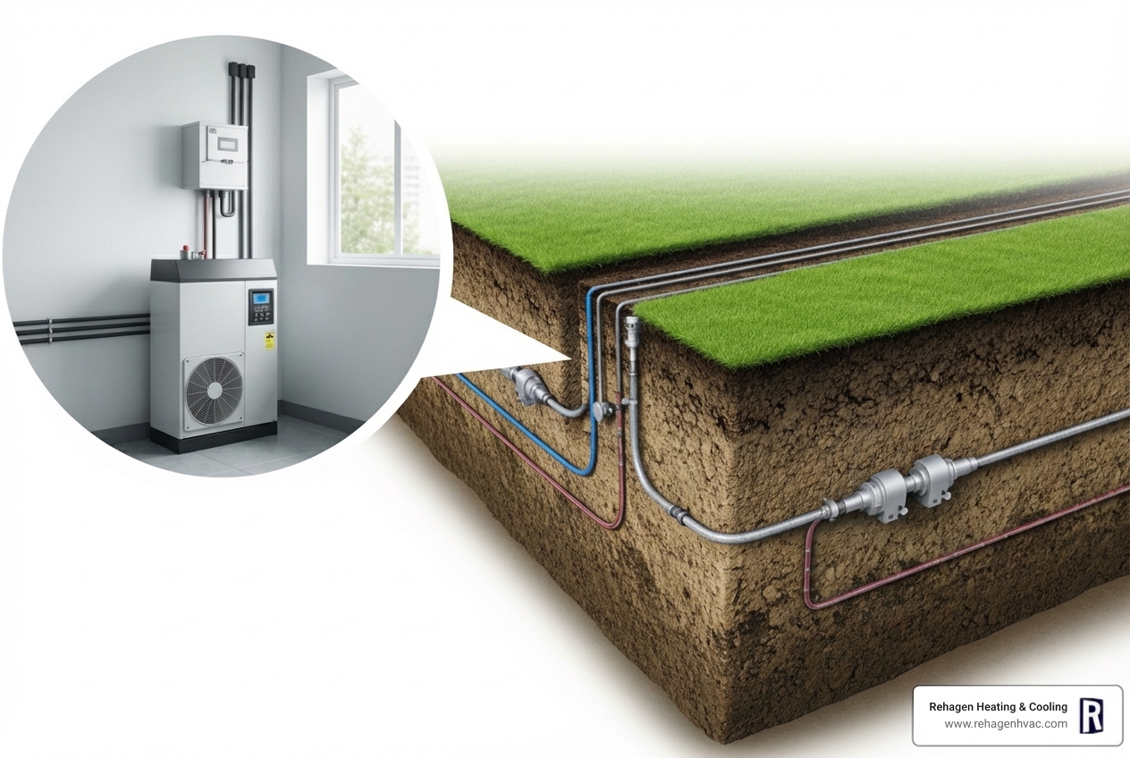 infographic showing geothermal system component lifespans with indoor unit lasting 25-30 years and underground loop system lasting 50-100+ years compared to conventional HVAC at 15-18 years - Geothermal unit replacement