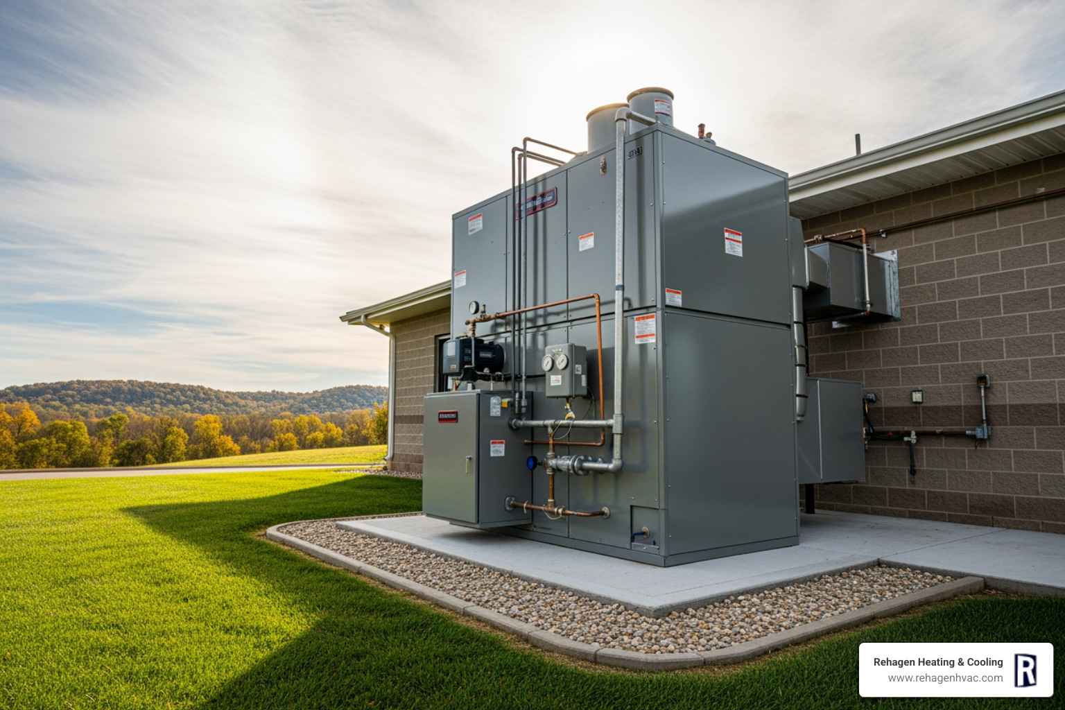 Infographic showing how a WaterFurnace geothermal system works for commercial properties in Westphalia, MO: ground loop buried underground exchanges heat with stable earth temperatures, connected to indoor WaterFurnace unit that provides heating in winter by extracting ground heat and cooling in summer by transferring building heat into the ground, with arrows showing energy flow and labels for key components including ground loop, heat pump unit, and building distribution system - commercial water furnace in westphalia, mo