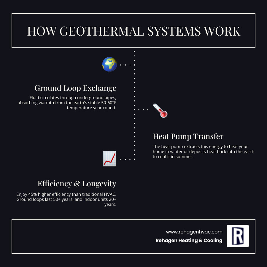 Infographic showing how geothermal heat pumps exchange thermal energy with the earth through underground loops, transferring heat into homes during winter and removing heat during summer, with efficiency ratings and system lifespan details - 2 ton geothermal heat pump for sale infographic infographic-line-3-steps-dark Infographic showing how geothermal heat pumps exchange thermal energy with the earth through underground loops, transferring heat into homes during winter and removing heat during summer, with efficiency ratings and system lifespan details - 2 ton geothermal heat pump for sale infographic infographic-line-3-steps-dark
