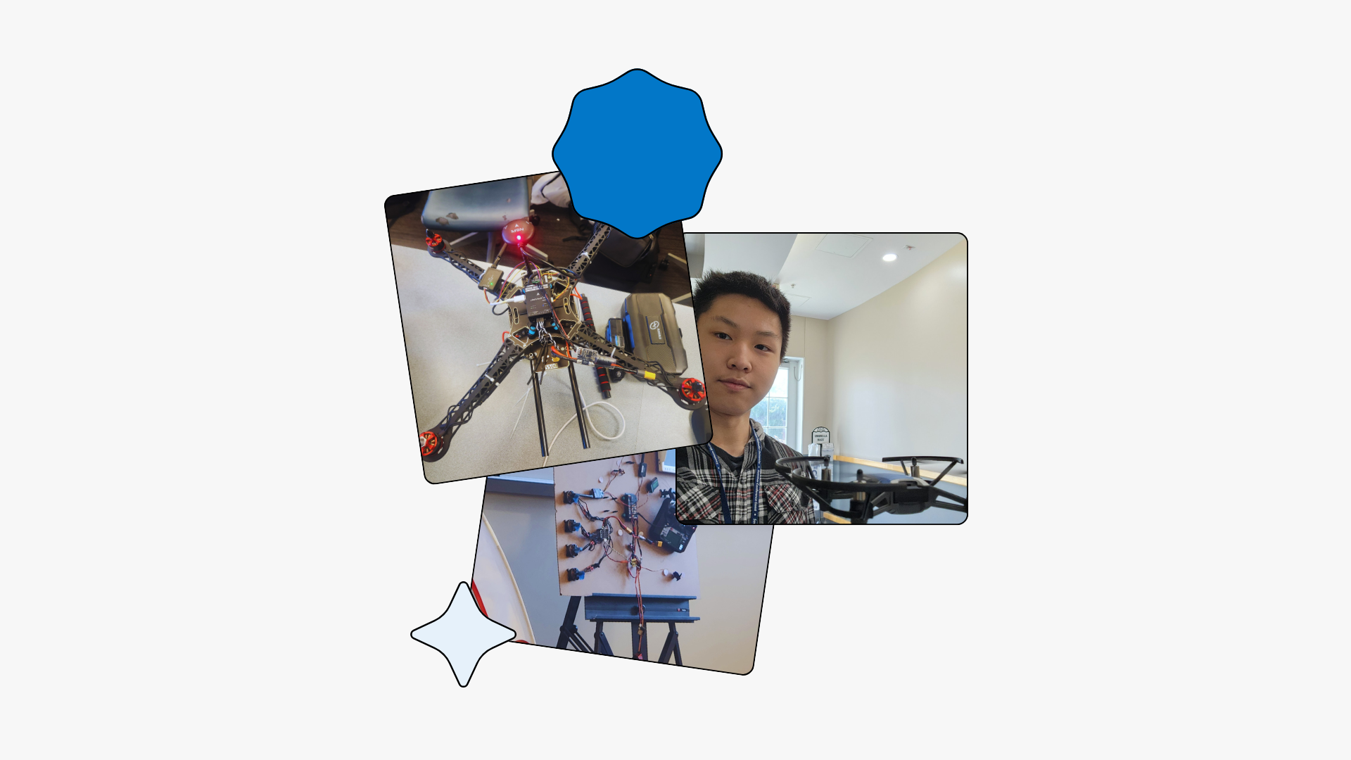 A collage shows a student with a drone, a close-up of the drone’s circuitry, and a mounted control board with connected components.