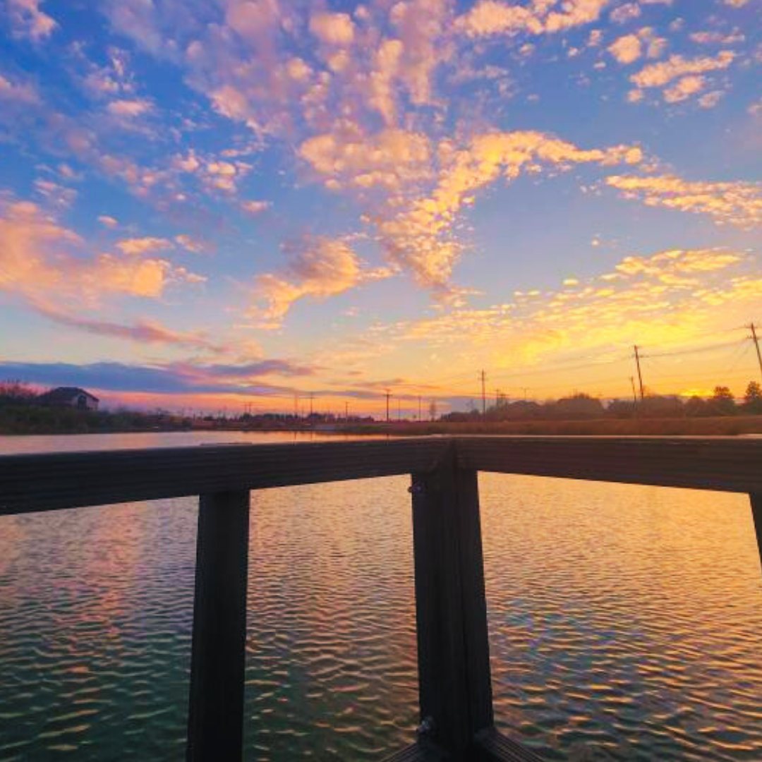 Wooden dock pilings extend into lake at sunset with golden-orange clouds.