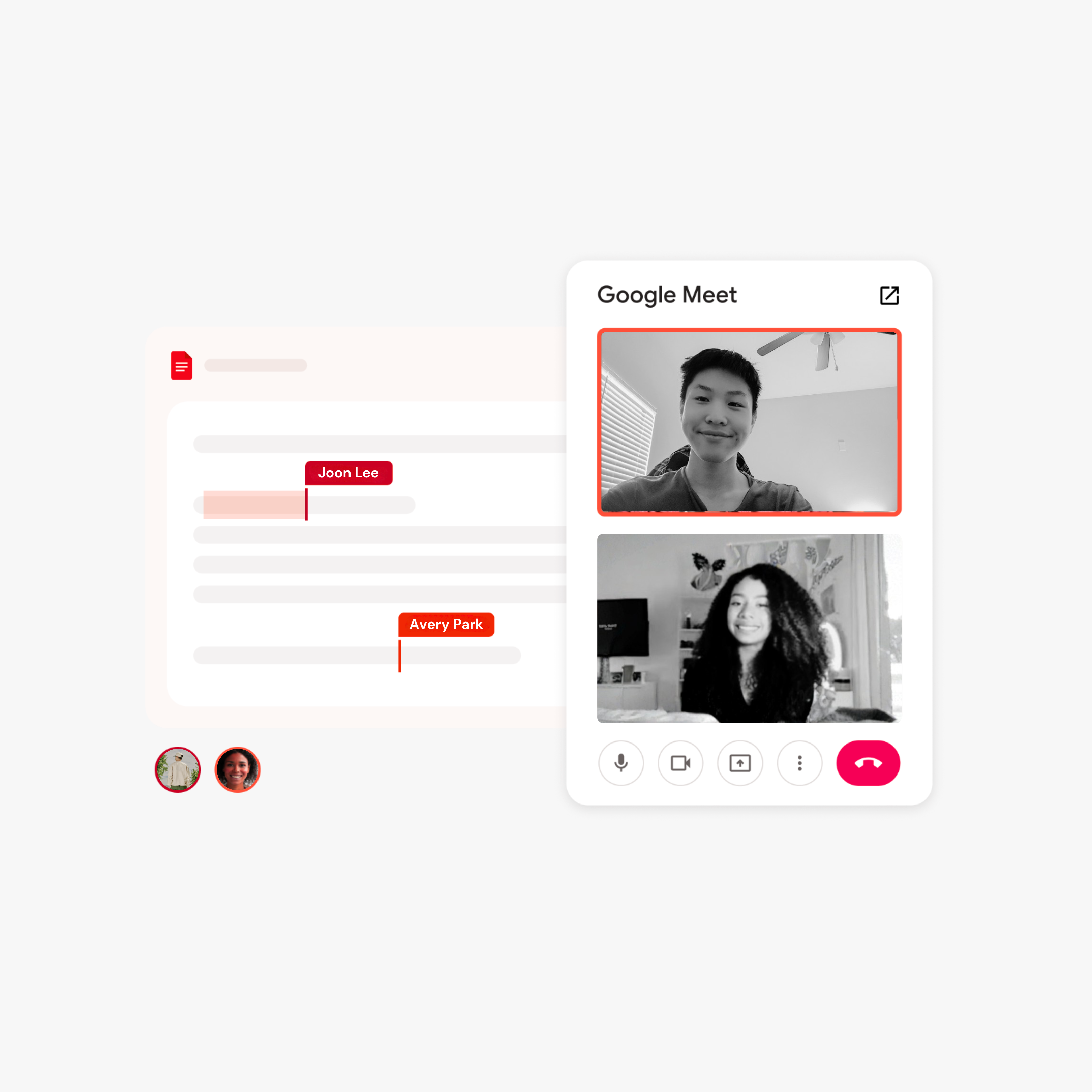 Google Meet video call window displaying two participants with comment thread visible on left side showing feedback from Joon Lee and Avery Park.