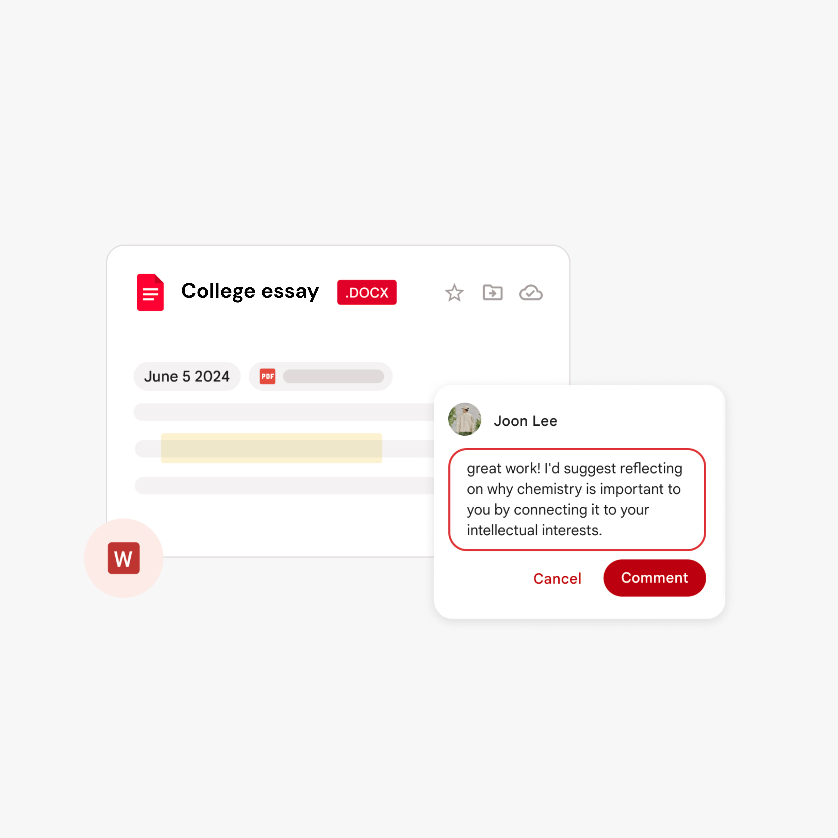 Google Docs college essay document with counselor Joon Lee's comment suggesting reflection on chemistry's connection to intellectual interests.