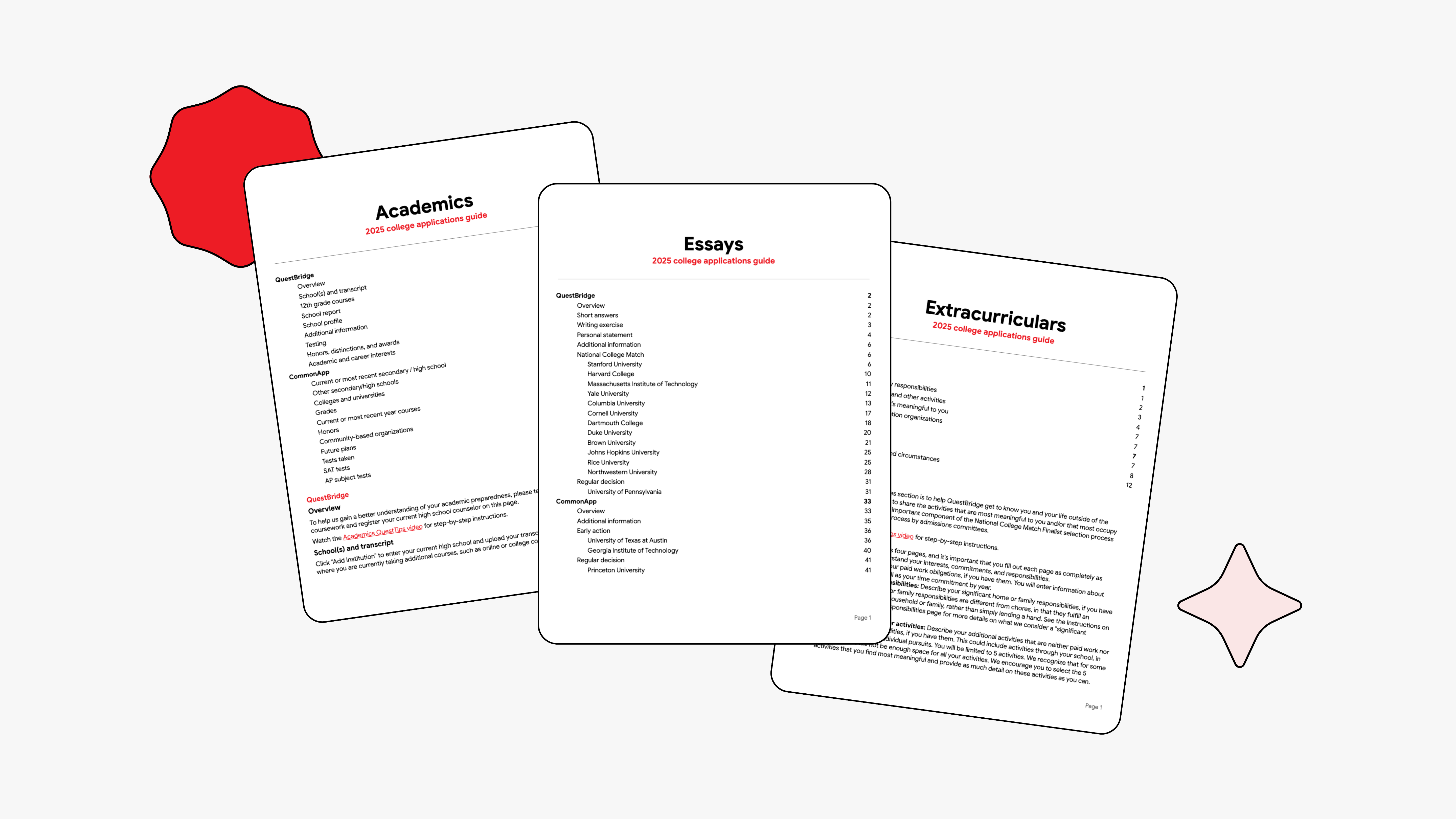 Three overlapping guide documents for 2025 college applications covering academics, essays, and extracurriculars.
