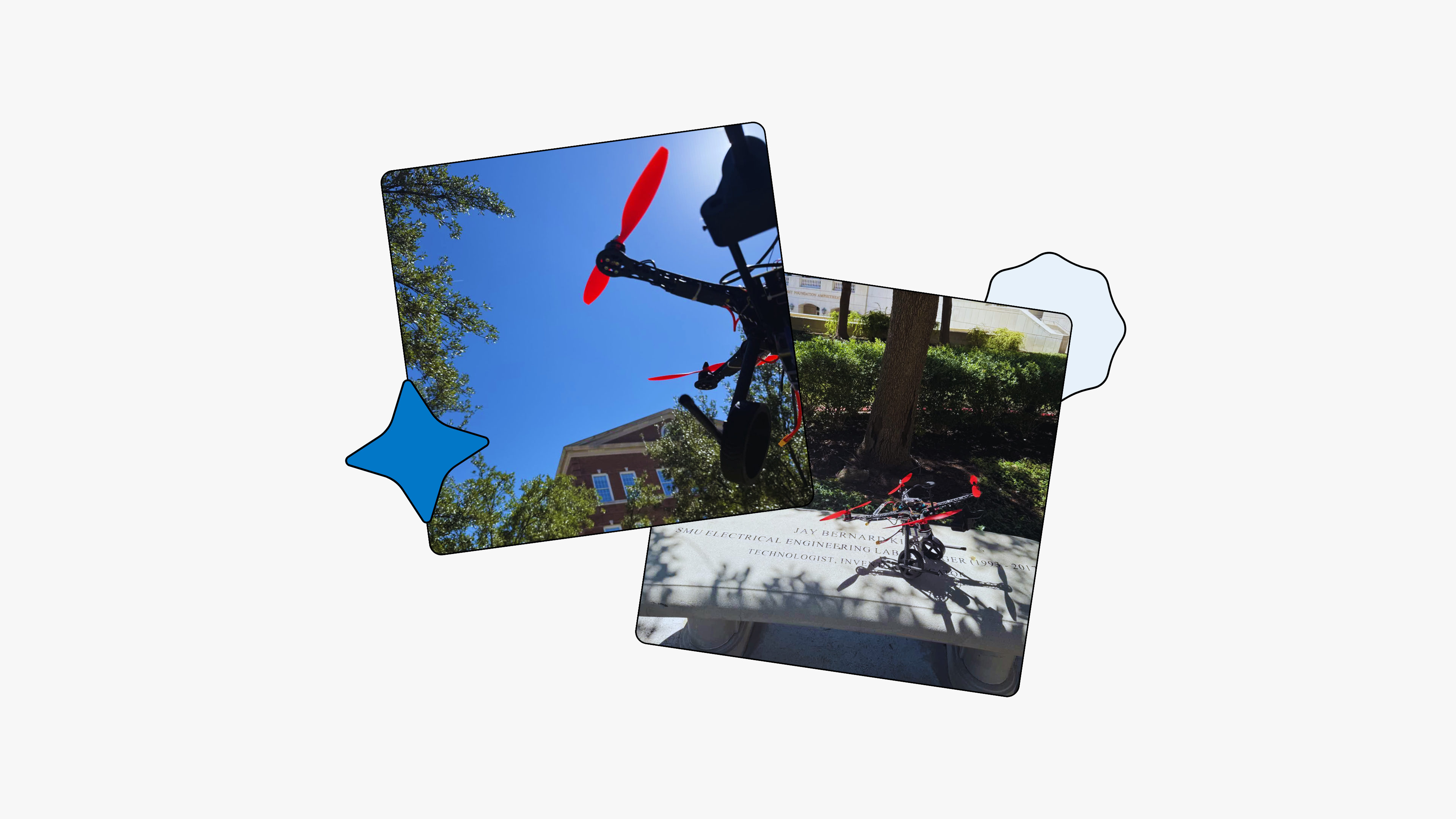 Overlapping photo cards showing black drone with red propellers flying above the SMU Electrical Engineering building entrance with decorative blue accent shapes on light gray background.