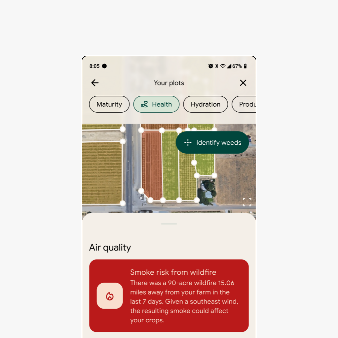 Mobile app interface showing aerial view of color-coded agricultural plots with health monitoring tab selected, identify weeds button, and red wildfire smoke risk alert banner below.