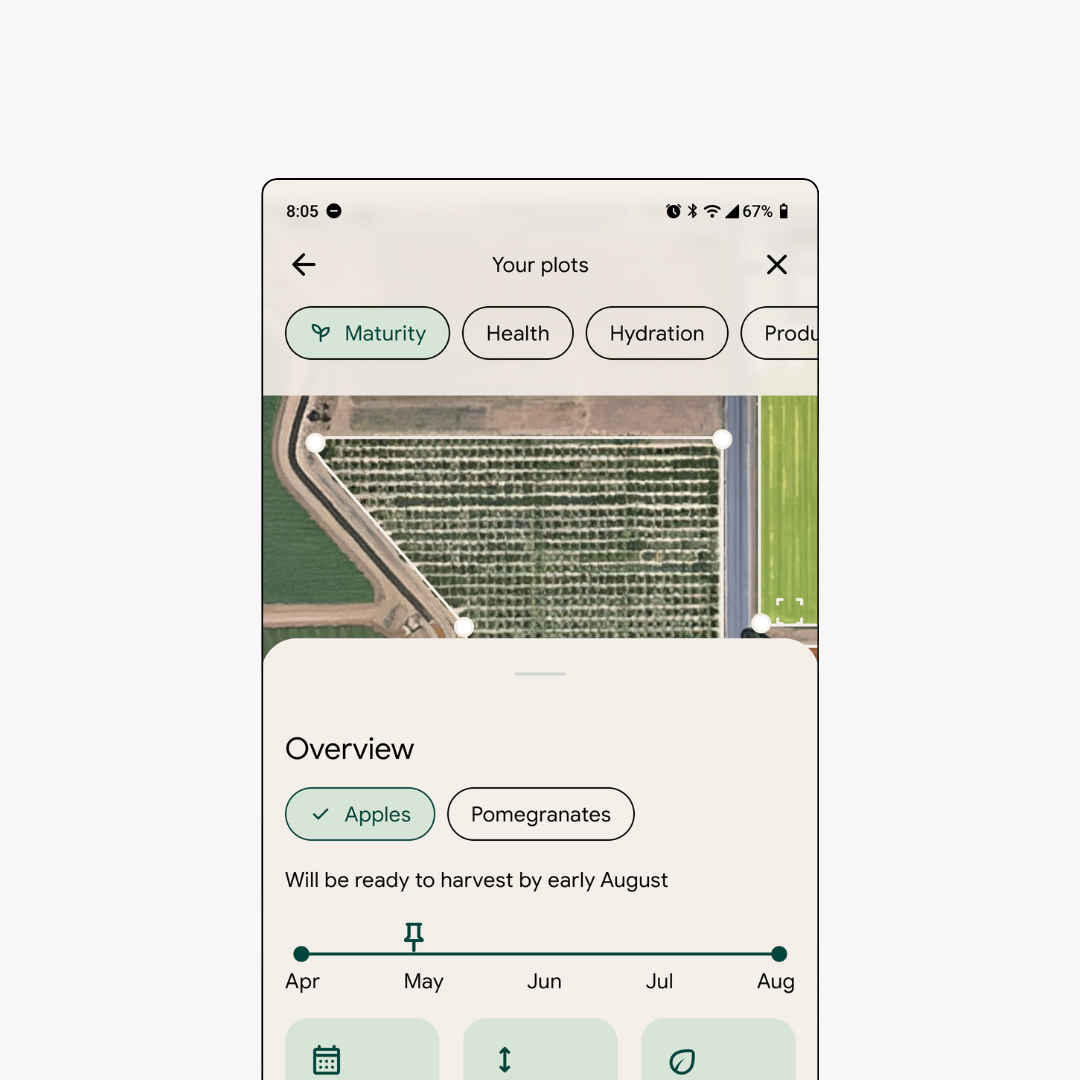 Mobile app plots overview screen showing aerial satellite view of vineyard rows with maturity timeline indicating apples ready for harvest by early August and crop selection toggle between apples and pomegranates.