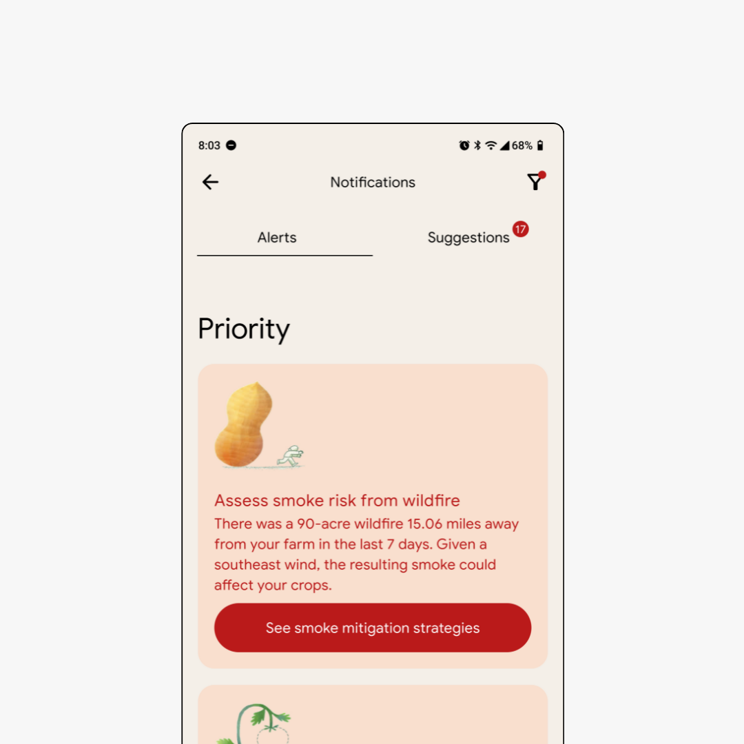 Mobile app notifications screen showing priority alert for wildfire smoke risk assessment with peanut illustration and red call-to-action button for smoke mitigation strategies.