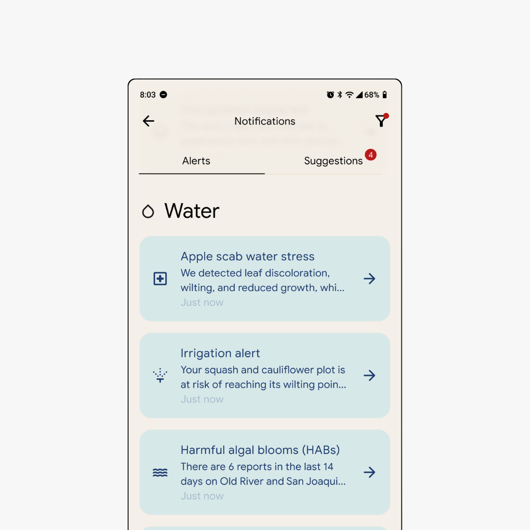 Mobile app notifications screen displaying water-related alerts including apple scab water stress detection, irrigation alert for squash and cauliflower plot reaching wilting point, and harmful algal bloom reports in Old River and San Joaquin.