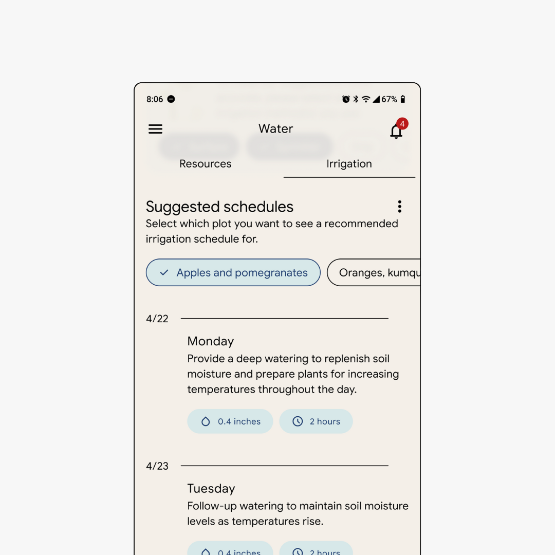 Mobile app water irrigation schedule screen showing suggested watering times for apples and pomegranates with Monday's deep watering recommendation of 0.4 inches for 2 hours and Tuesday's follow-up watering details.