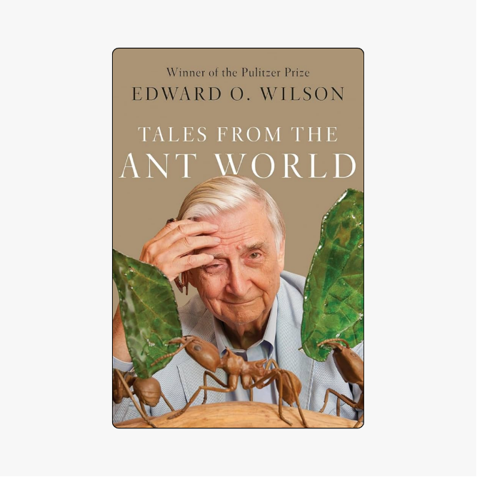 Book cover featuring Pulitzer Prize-winning biologist Edward O. Wilson smiling while holding a large ant near his eye, flanked by oversized sculptural ants and tropical leaves on a beige background.