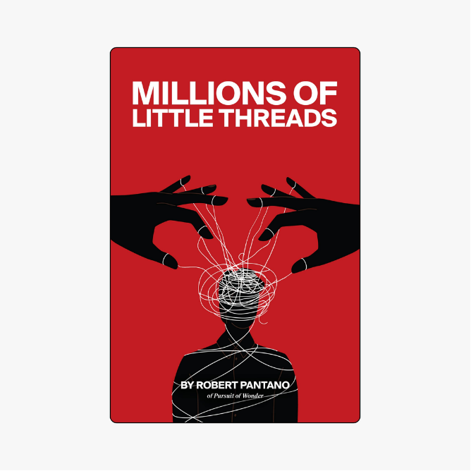 A minimalist book cover design in red and black showing two hands with connecting white thread lines forming a complex web around a central tangled sphere.