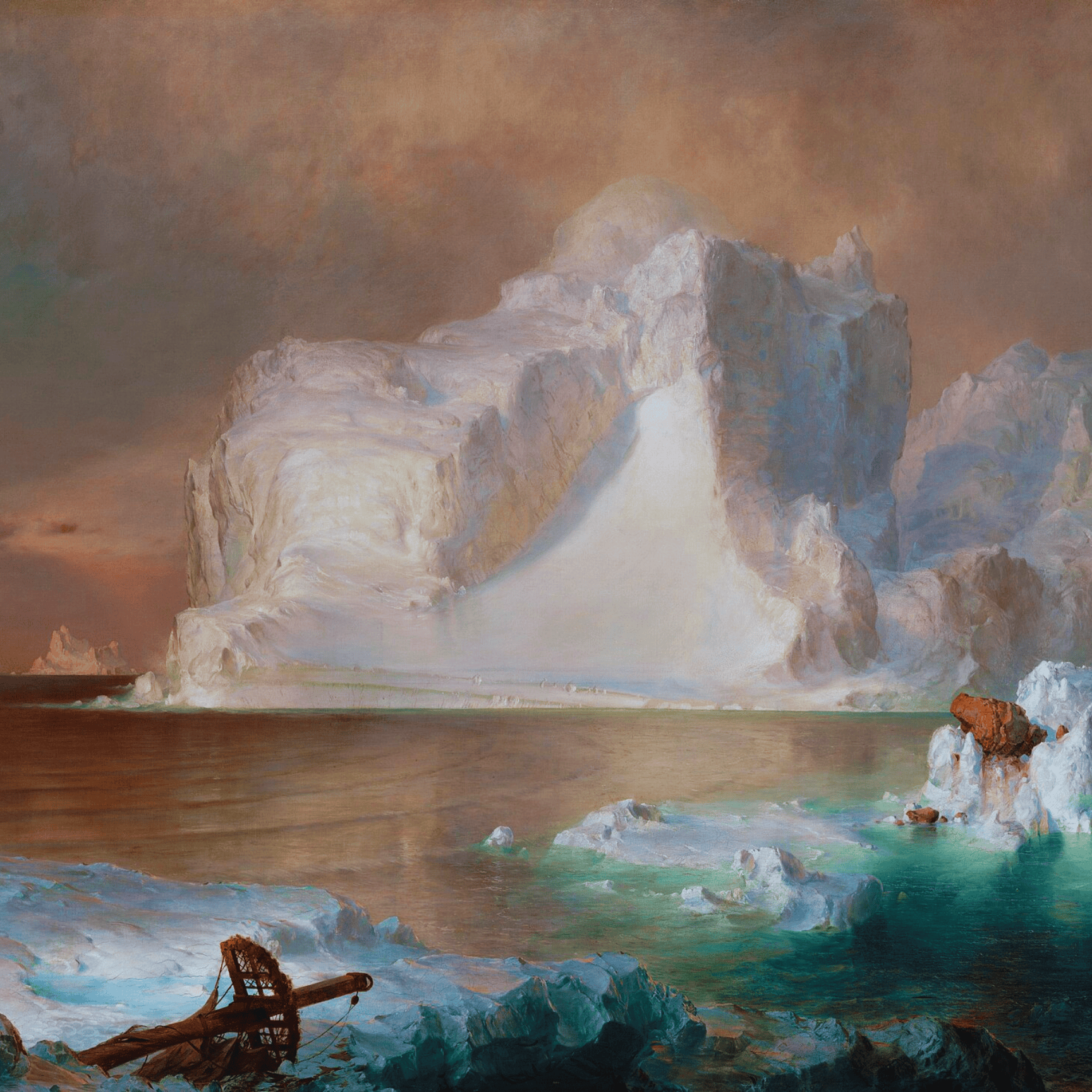 A dramatic oil painting depicting massive icebergs with towering white and blue formations rising from turquoise Arctic waters, with a small sailing vessel in the distance and shipwreck debris in the foreground against a warm, atmospheric sky.