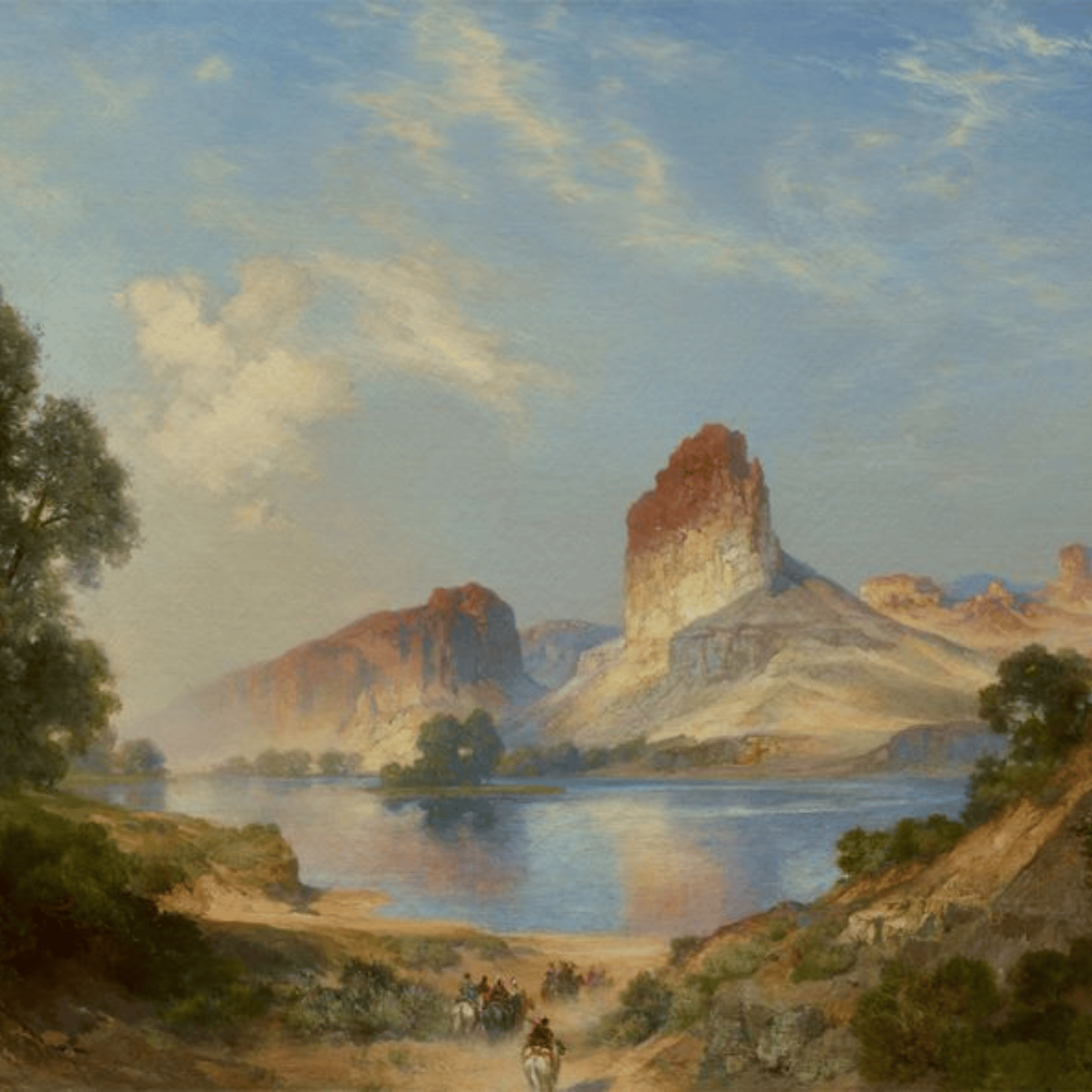 A luminous landscape painting of the American West featuring a prominent red sandstone butte reflected in a calm river, framed by trees in the foreground and smaller rock formations in the hazy distance under a soft blue sky.