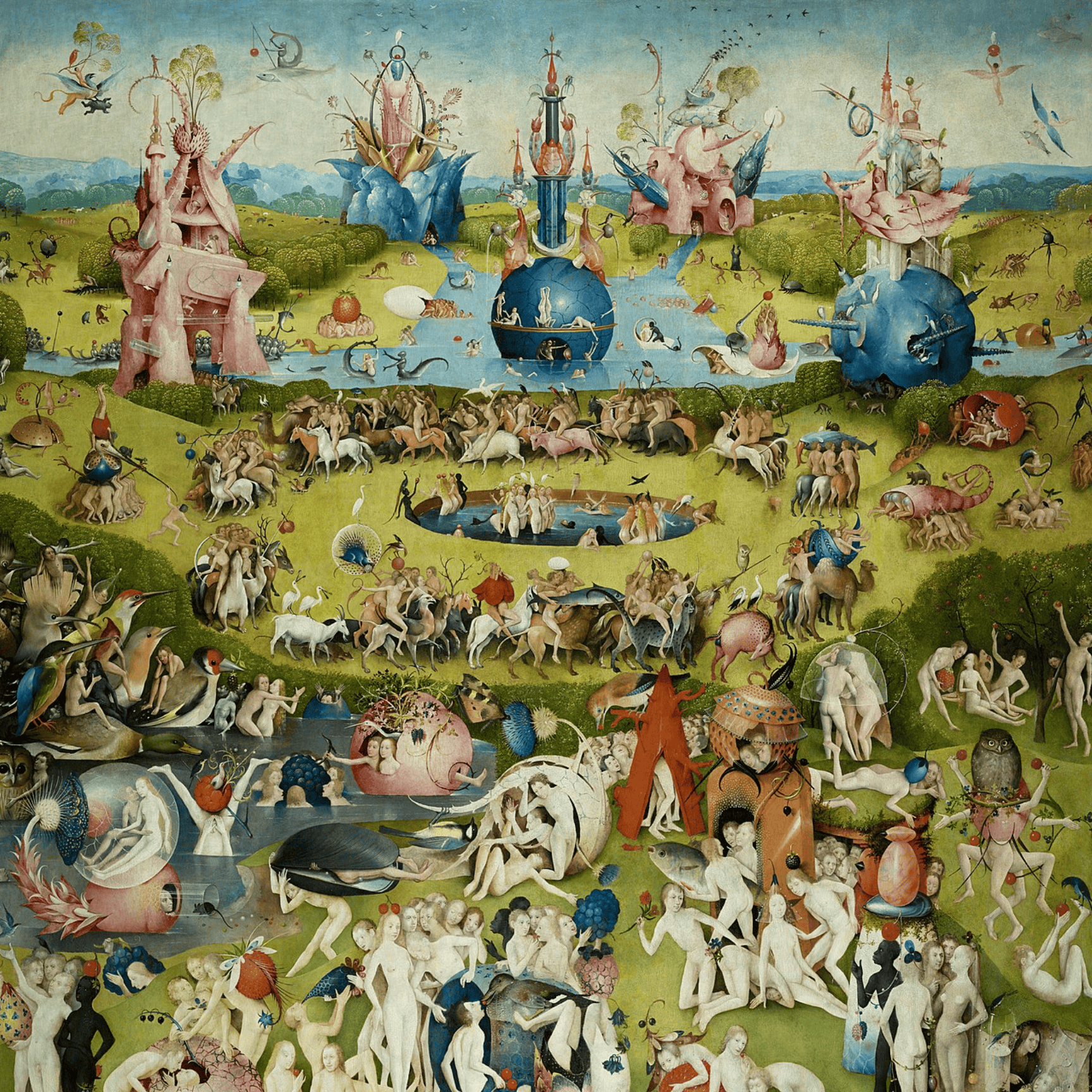 A painting of a surreal paradise teeming with hundreds of human figures, fantastical hybrid creatures, oversized fruits, and elaborate architectural fountains in pink and blue against a verdant landscape.