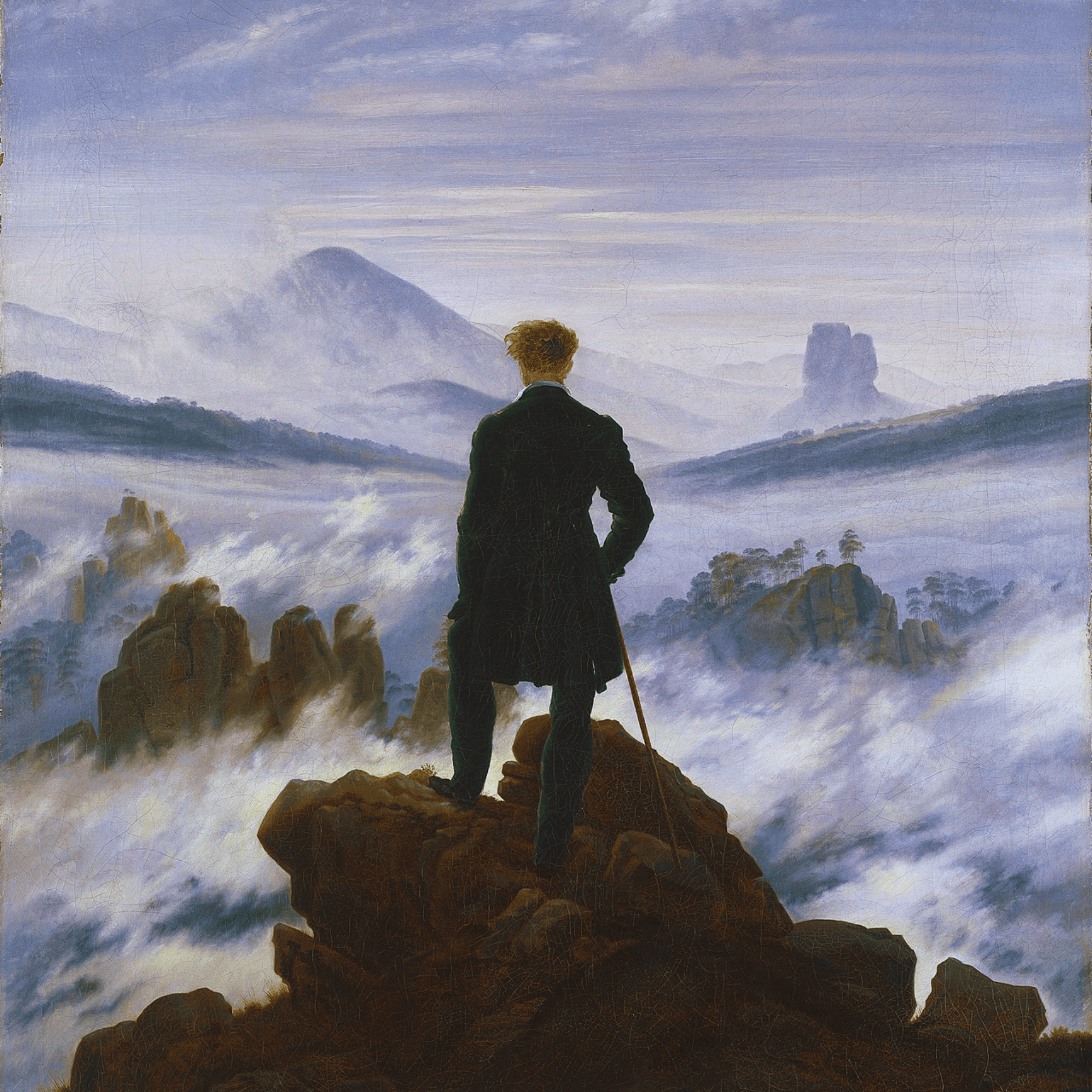 A painting showing a solitary man in a dark coat standing on a rocky precipice with his back to the viewer, gazing over a vast expanse of misty mountain peaks.