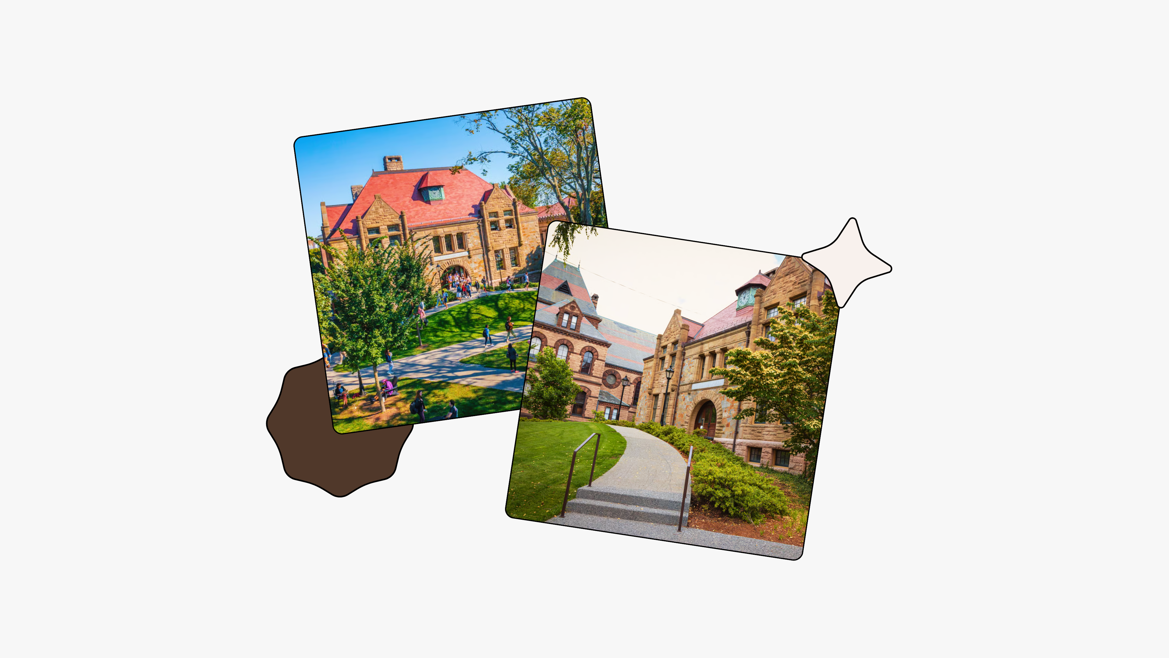 Overlapping photo cards showing two views of Brown University's historic Romanesque Revival stone buildings with red-tiled roofs, arched entryways, and lush green campus pathways lined with trees, on a light gray background with a beige star decorative shape.