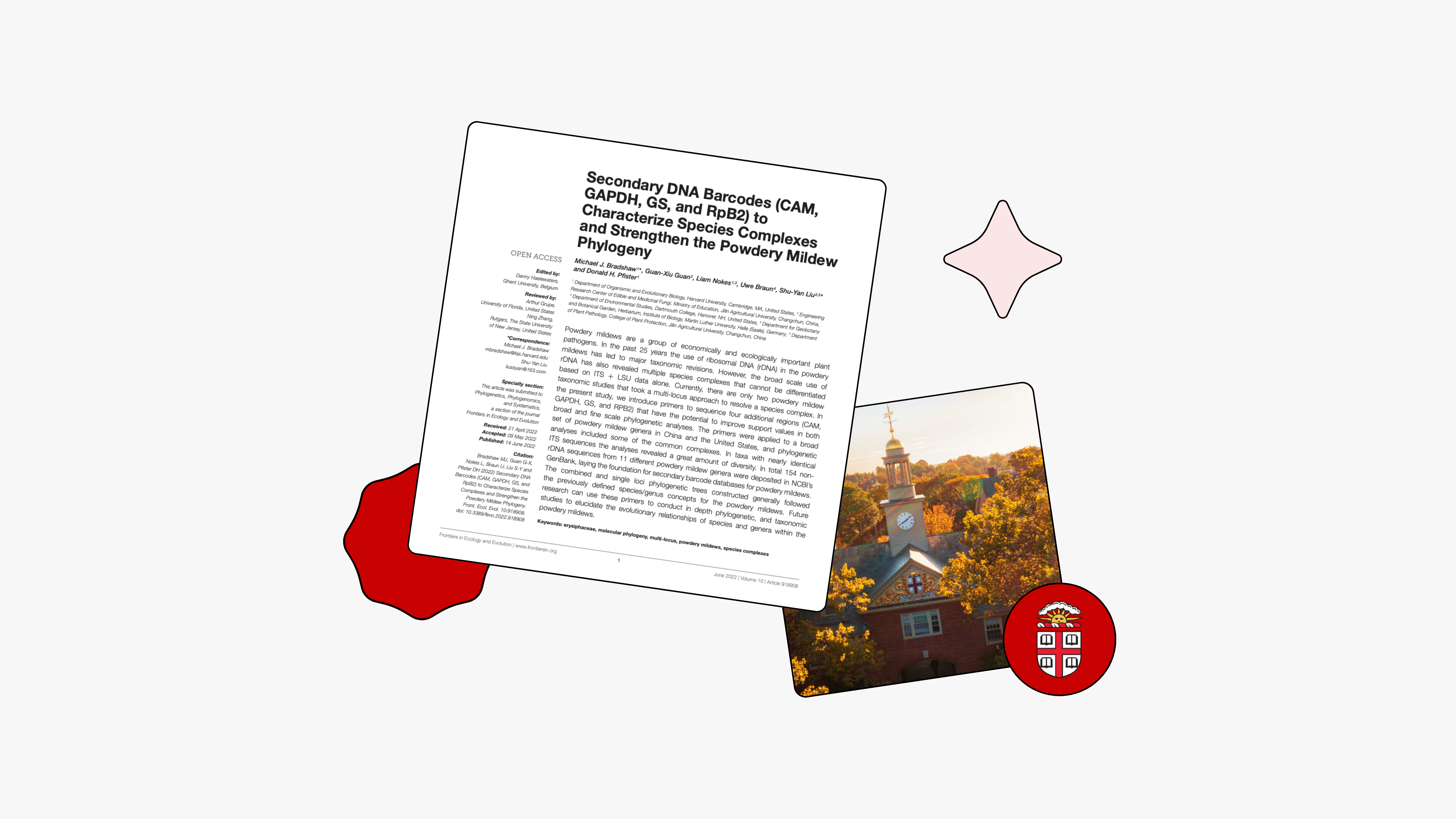 Overlapping photo cards showing a Frontiers in Ecology and Evolution open-access paper on secondary DNA barcodes for powdery mildew phylogeny, a photograph of a red-brick university building with a clock tower in autumn foliage, and a red wax seal, on a light gray background with a red geometric shape and a diamond sparkle icon.