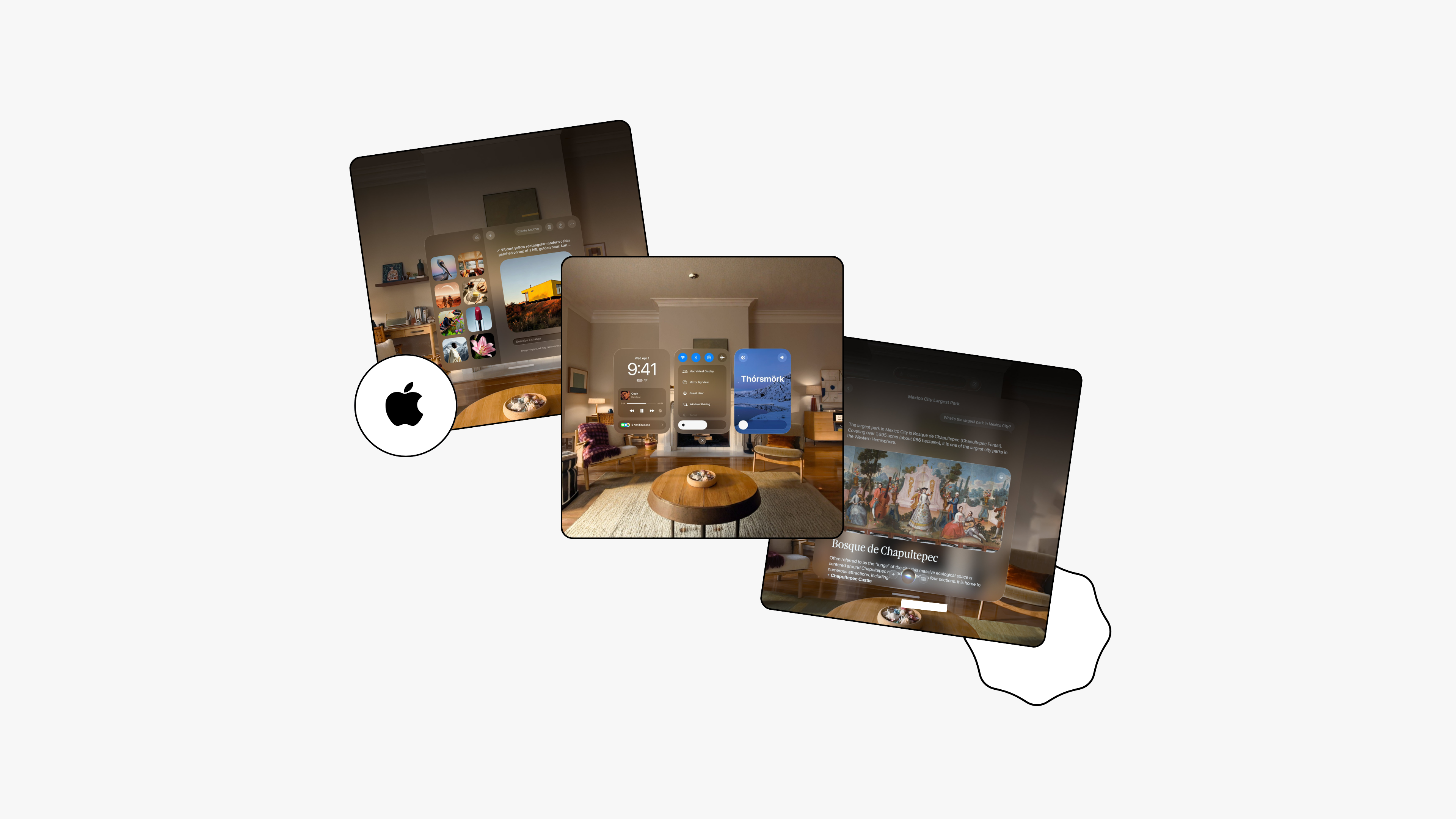 Overlapping rounded cards showing Apple Vision Pro spatial computing interfaces including a photo browsing panel in a warmly lit living room, a floating iPhone notification display with a Þórsmörk travel card, and an AI-generated Wikipedia result for Bosque de Chapultepec, on a light gray background with an Apple logo medallion.