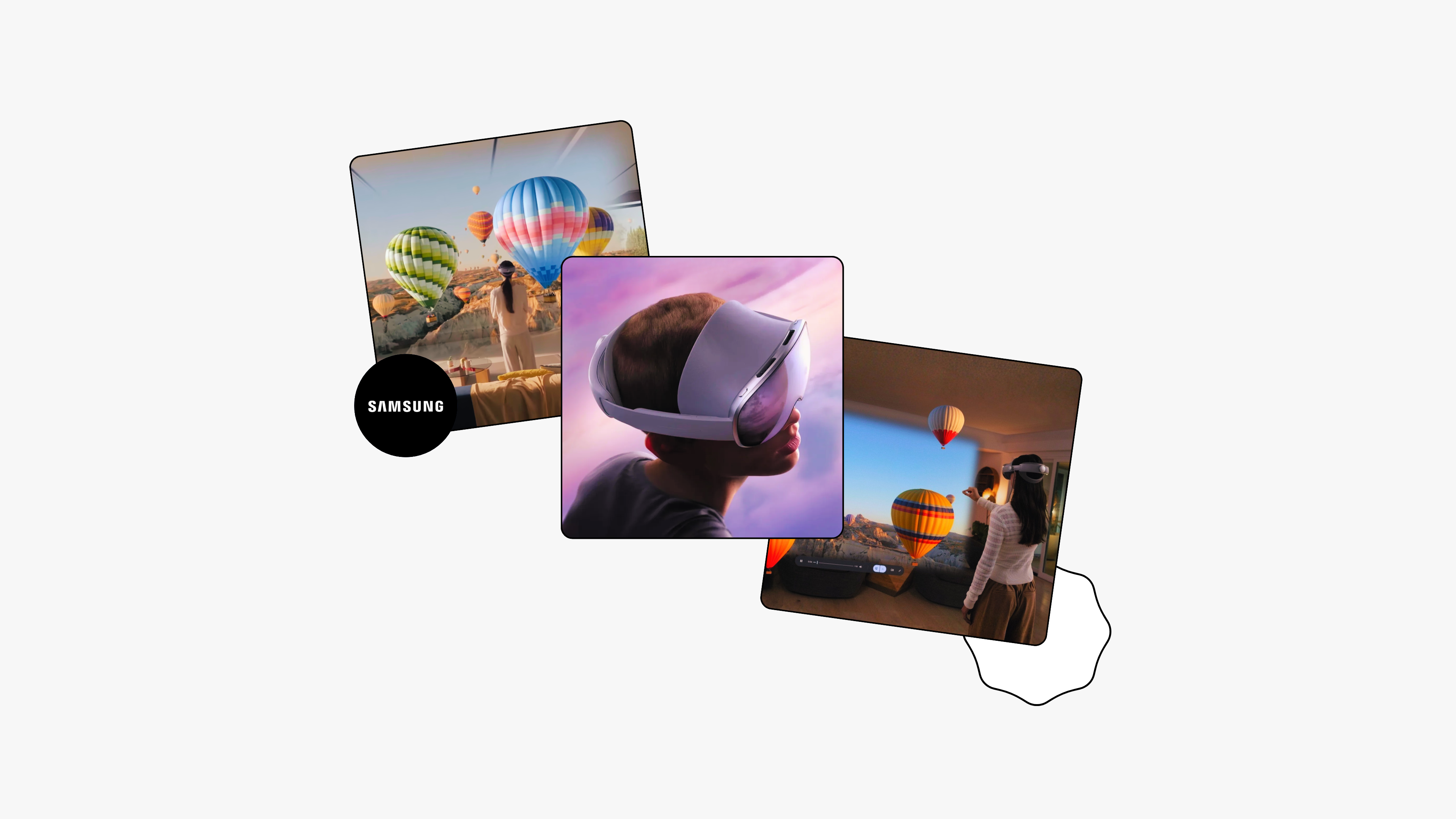 Overlapping cards showing Samsung Galaxy XR spatial computing experiences including a person immersed in a hot air balloon scene over Cappadocia, a close-up profile of a user wearing a white XR headset against a purple gradient, and a woman interacting with floating balloon visuals in a living room environment, on a light gray background with a Samsung logo medallion.