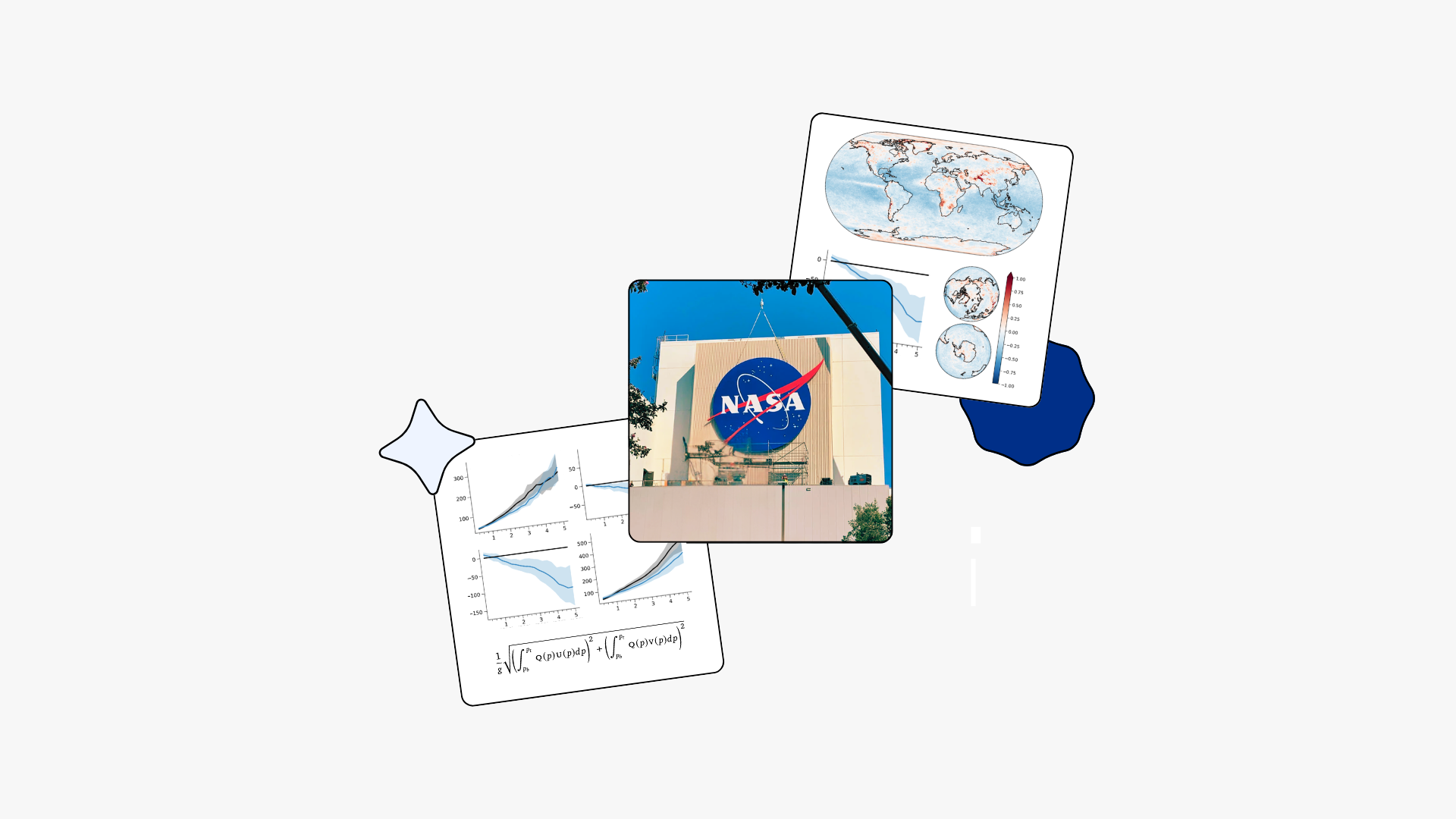 Overlapping photo cards showing a global SAR coherence change detection map with red wildfire damage anomalies over polar and equatorial regions, a photograph of the NASA JPL building exterior with the NASA meatball logo, and a multi-panel cyclone track intensity forecast error graph with atmospheric river integral equations, on a white background with a Caltech logo circle and blue geometric shapes.